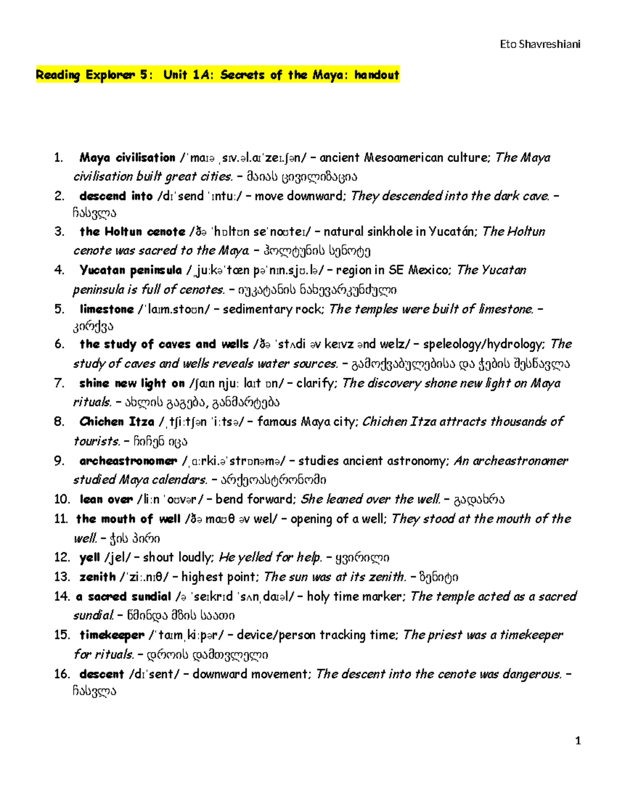 RE-5: Unit 1A - Secrets of the Maya Handout Summary - Studocu