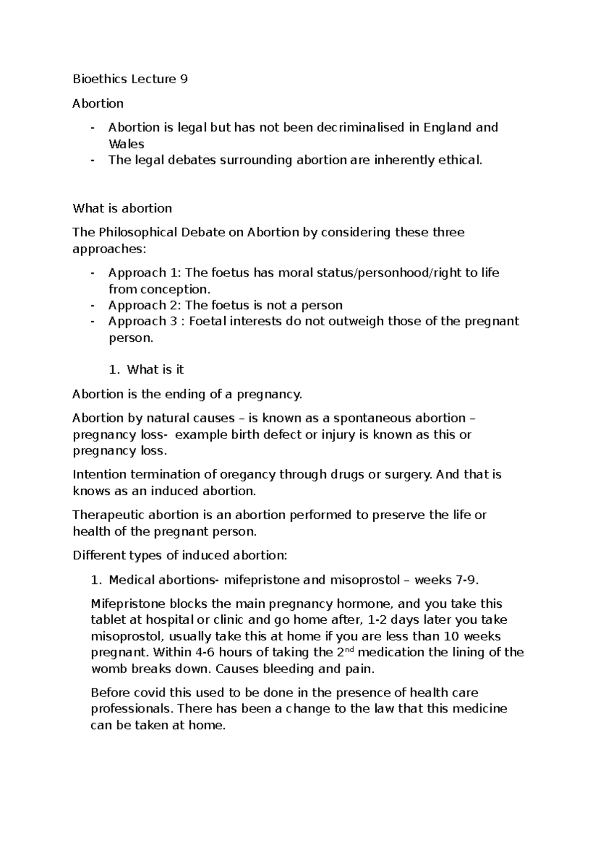 Bioethics Lecture 9: The Ethical and Legal Aspects of Abortion - Studocu
