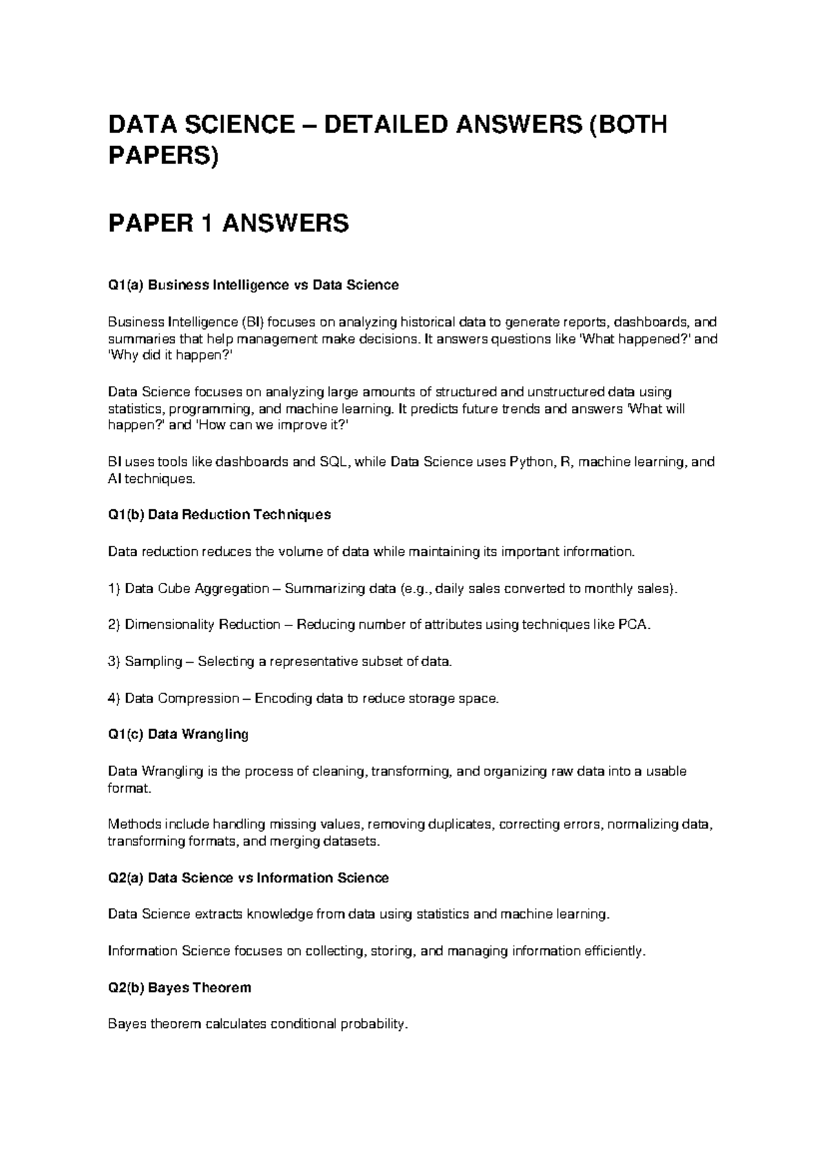 DATA SCIENCE DETAILED ANSWERS (BOTH PAPERS) - FINAL REVIEW - Studocu
