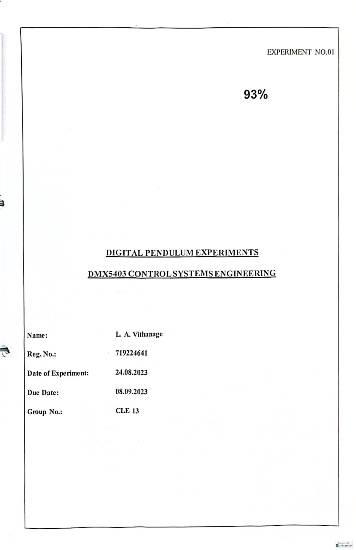 Sample (Lab Report) - EXPERIMENT NO DIGITAL PENDULUM EXPERIMENTS ...