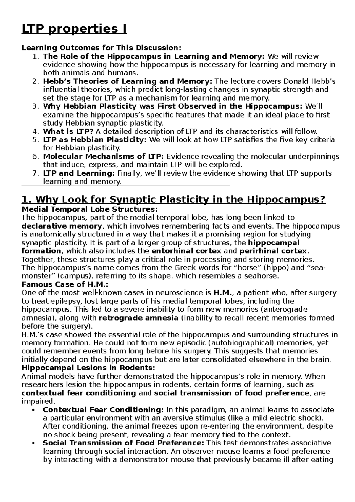 LTP Properties I: Lecture Notes on Hippocampus and Synaptic Plasticity ...
