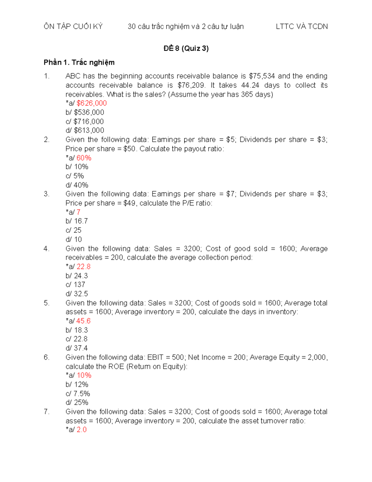 ĐỀ 8 - Quiz 3 Answers - Financial Analysis & Ratios - Studocu