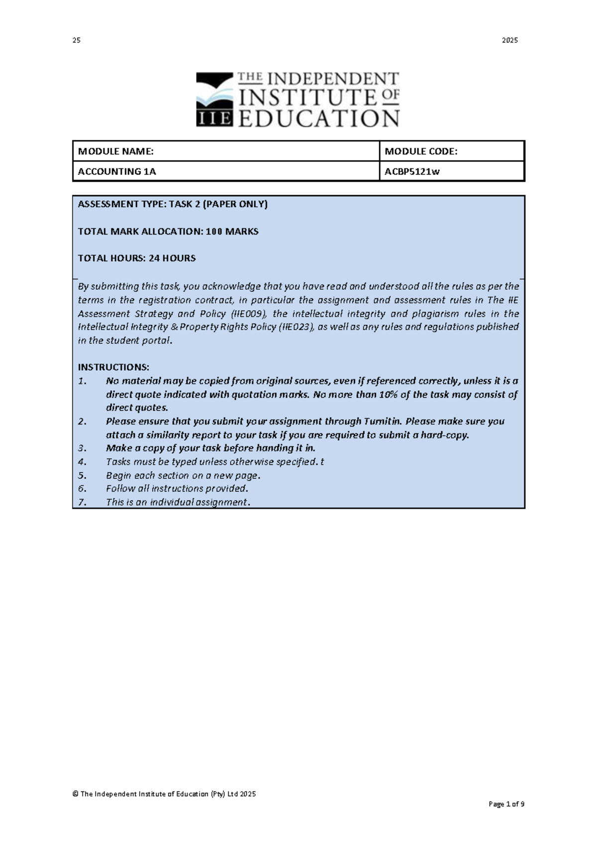 ACBP5121 Accounting 1A Task 2 Practice Test - 2025 Assessment Guide ...