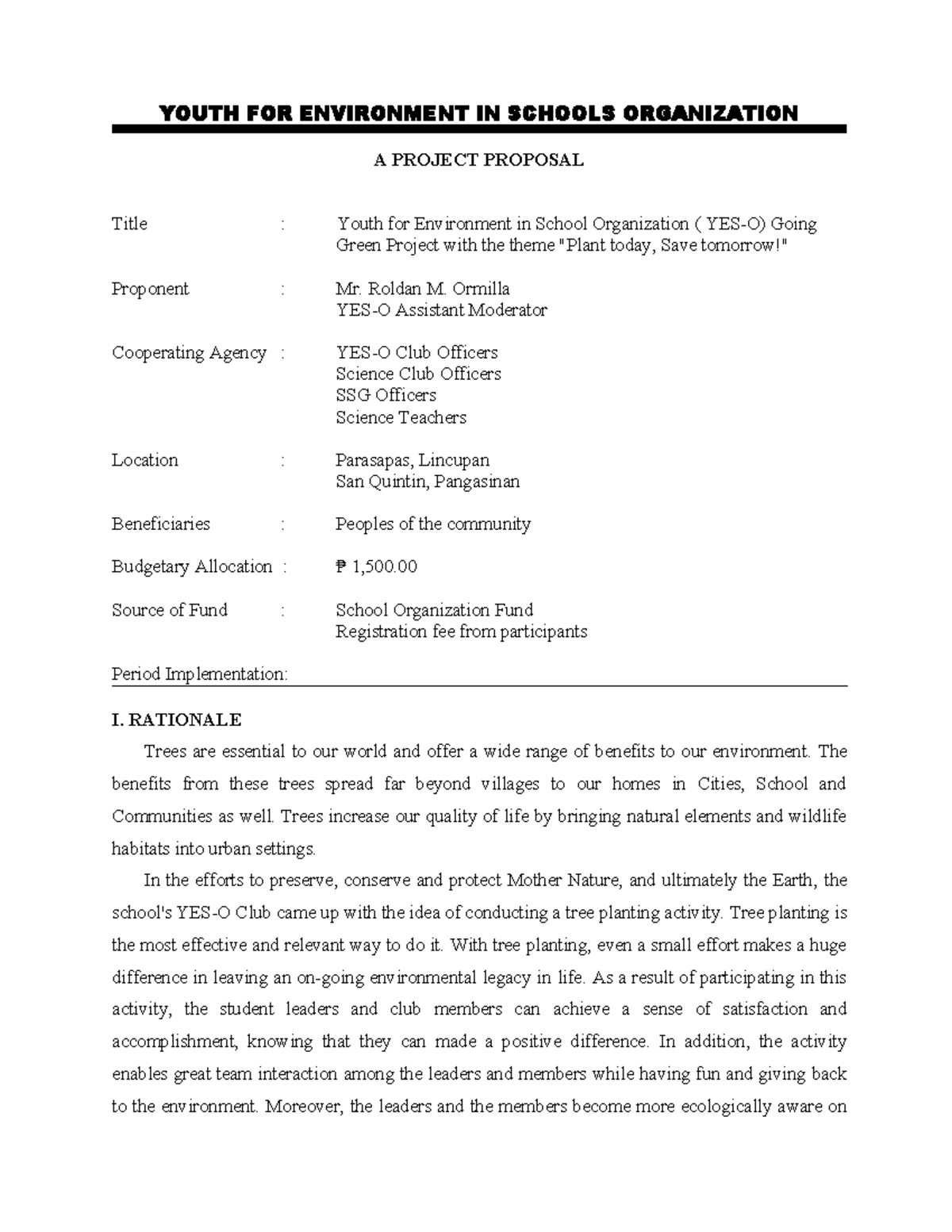 Youth for Environment in Schools Org: Going Green Project Proposal ...
