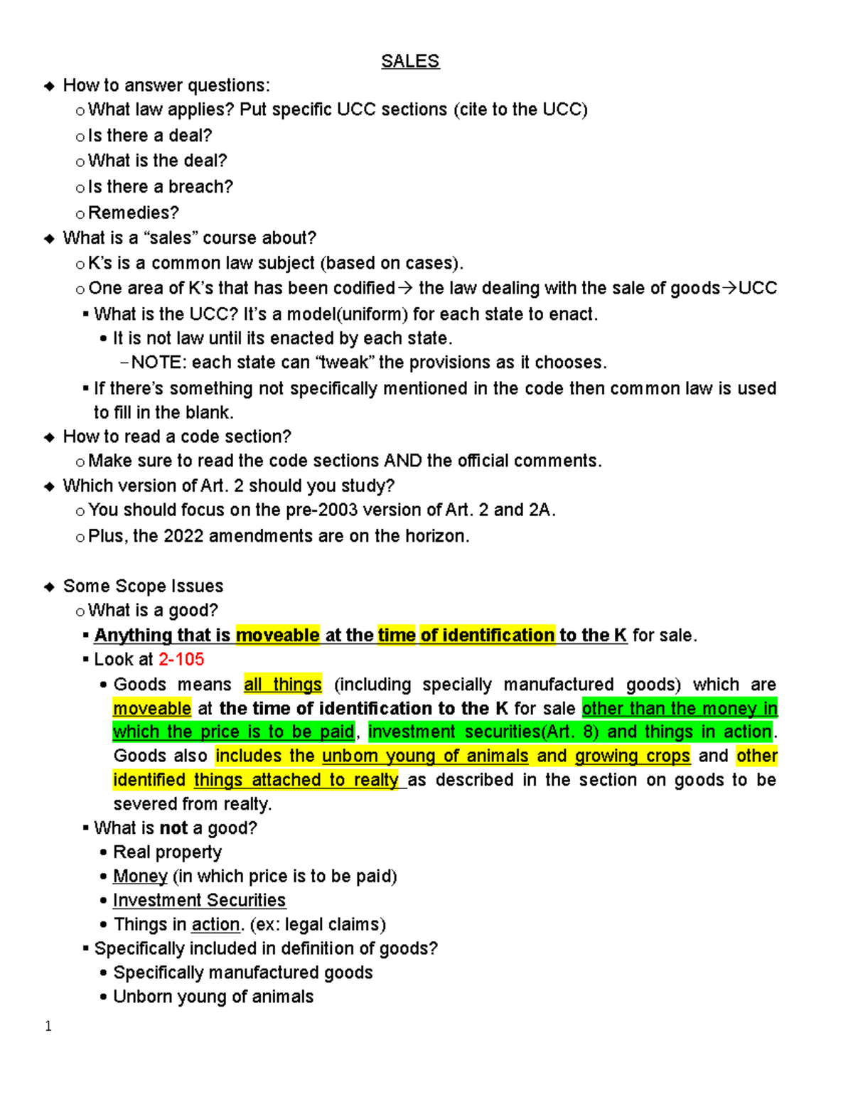 UCC Sales Law Overview and Key Concepts for Exam Preparation - Studocu