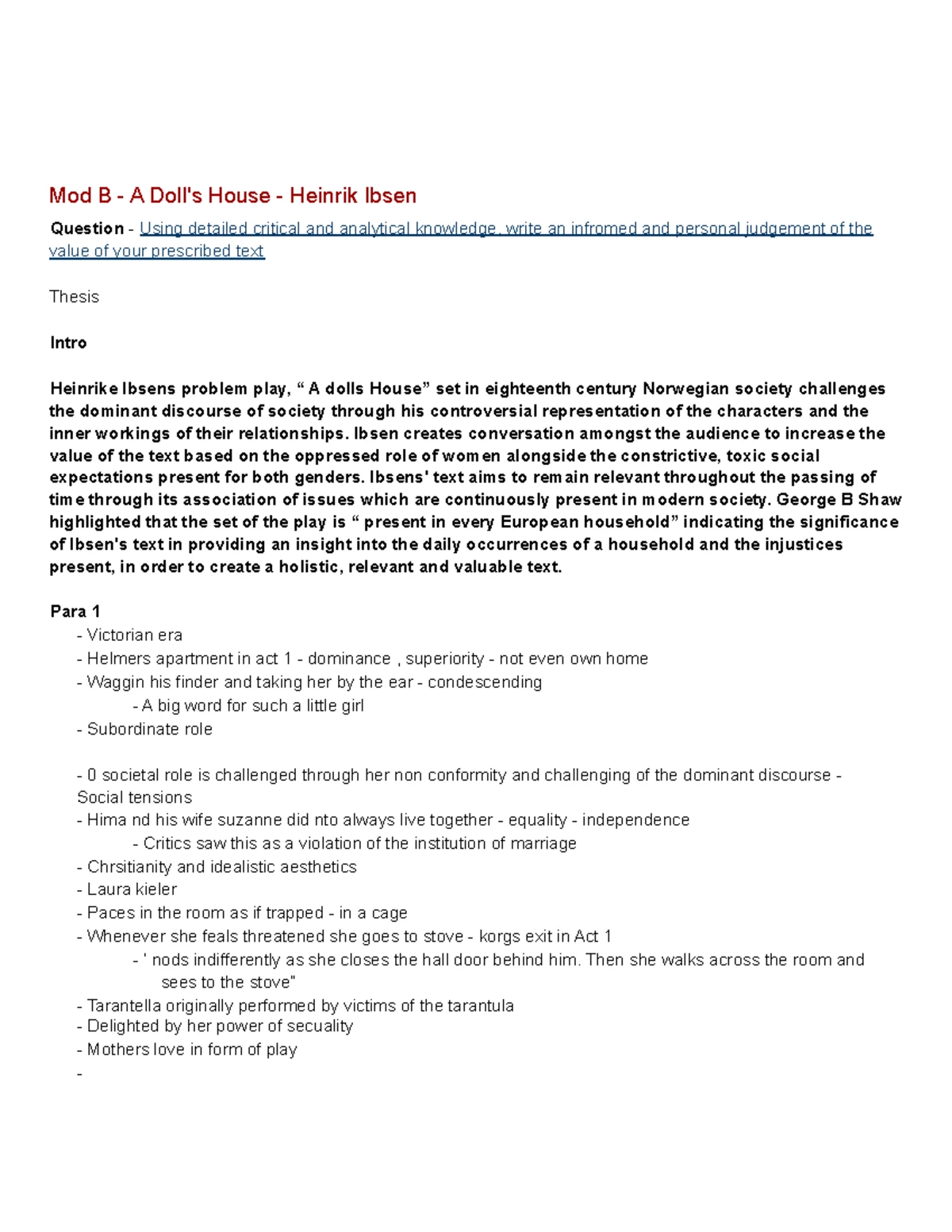 Act 1 Annotations of A Doll's House (ENG101) - Detailed Insights - Studocu