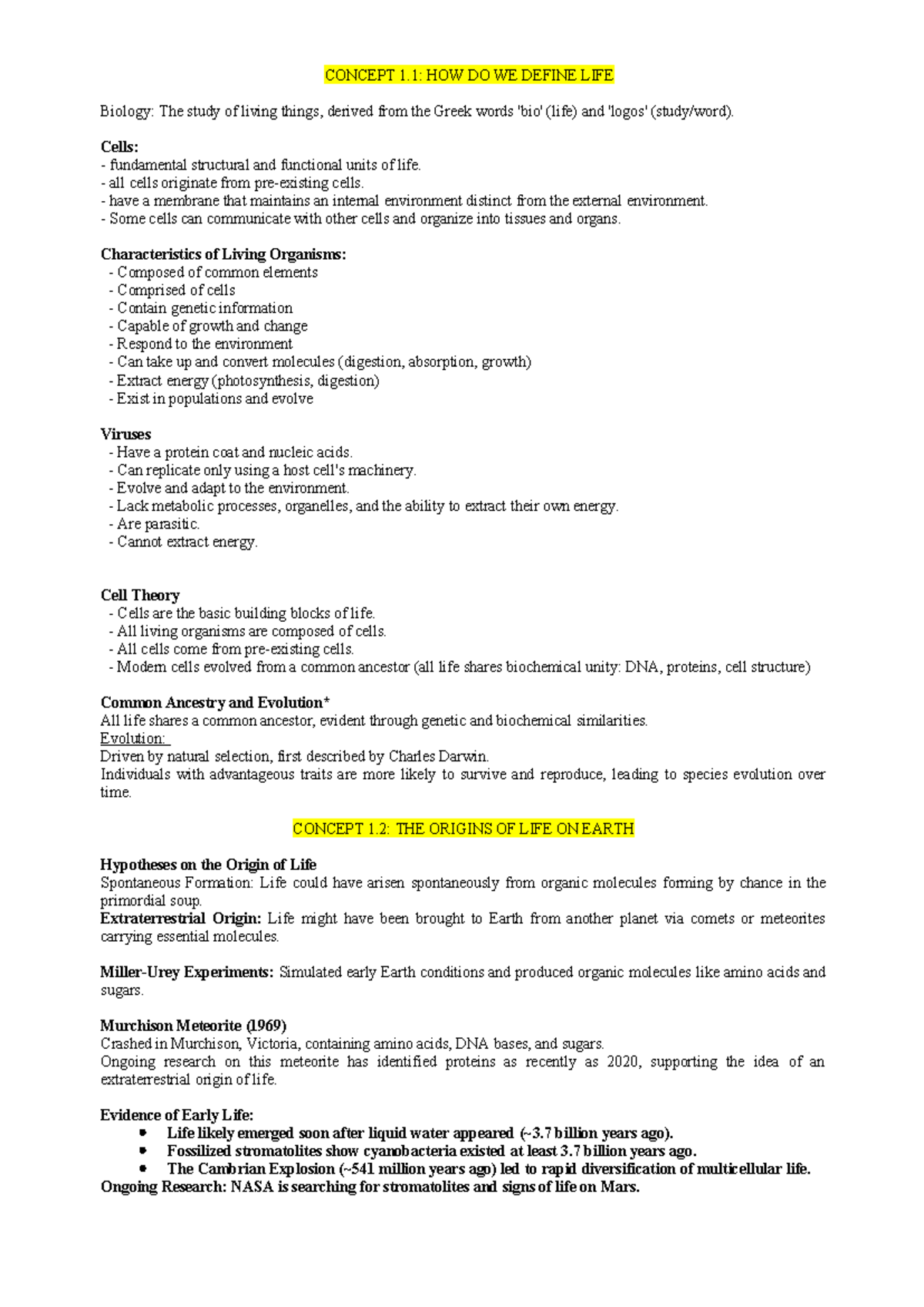 Concept 1: Defining Life and Its Origins - Seminar Notes (BIO 101 ...