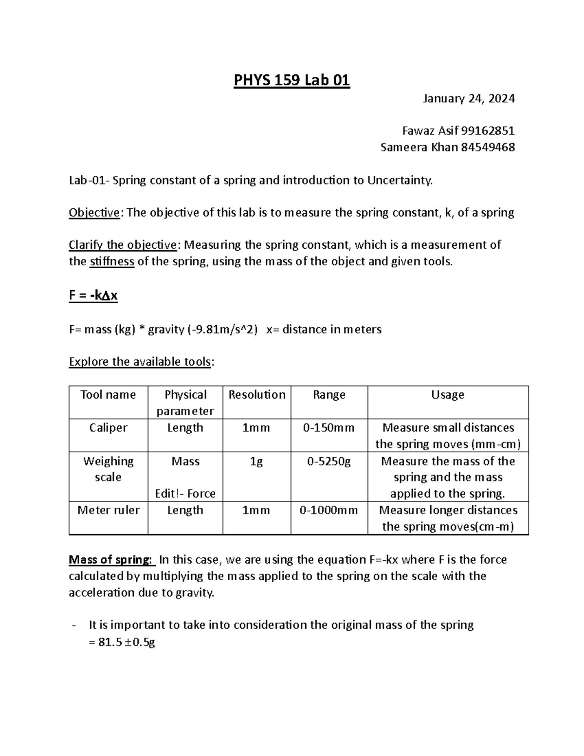 PHYS 159 Lab 01 - PHYS 159 Lab 01 January 24, 2024 Fawaz Asif 99162851 ...