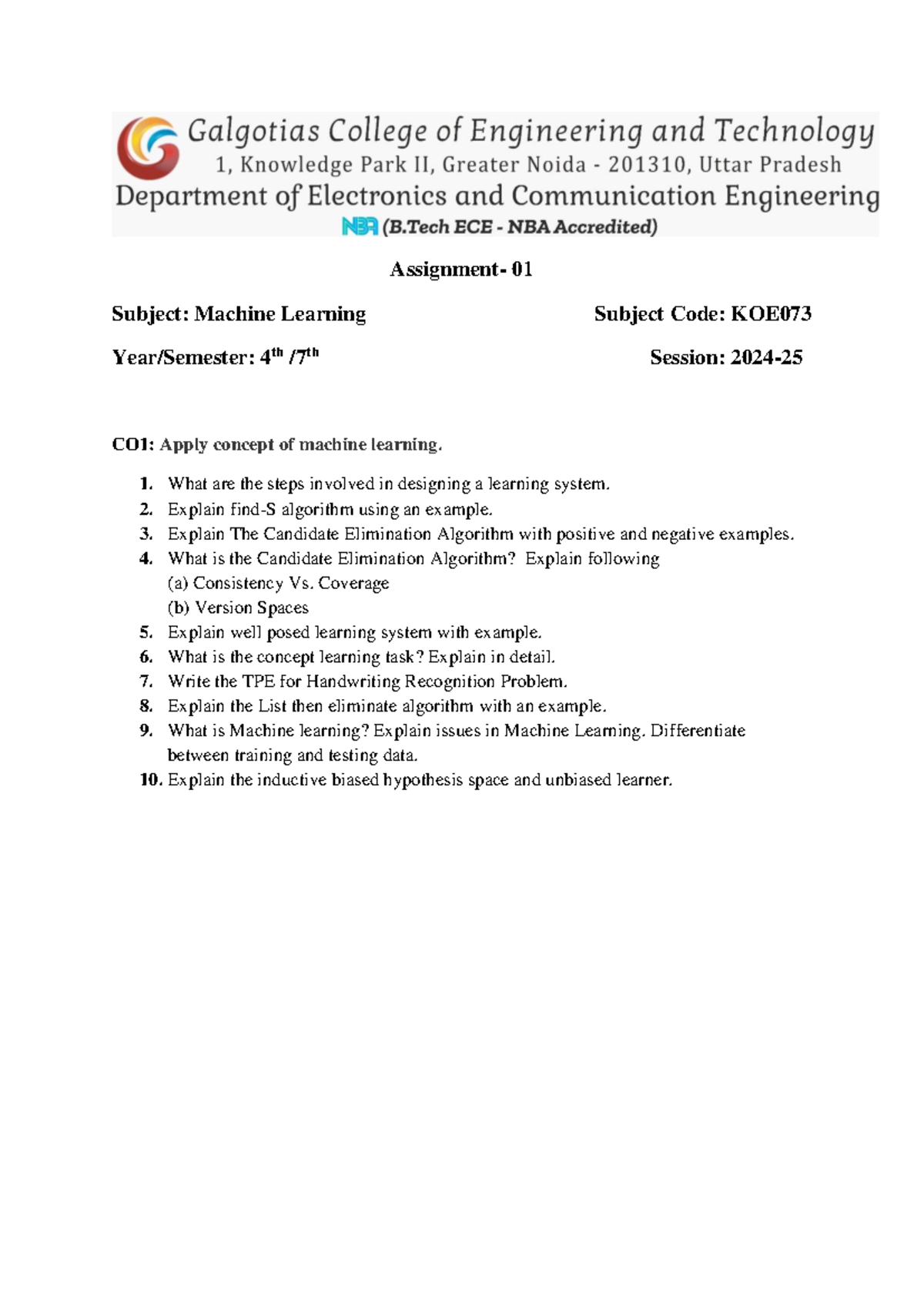 Assignment 1 ML 24 - Assignment- 01 Subject: Machine Learning Subject ...