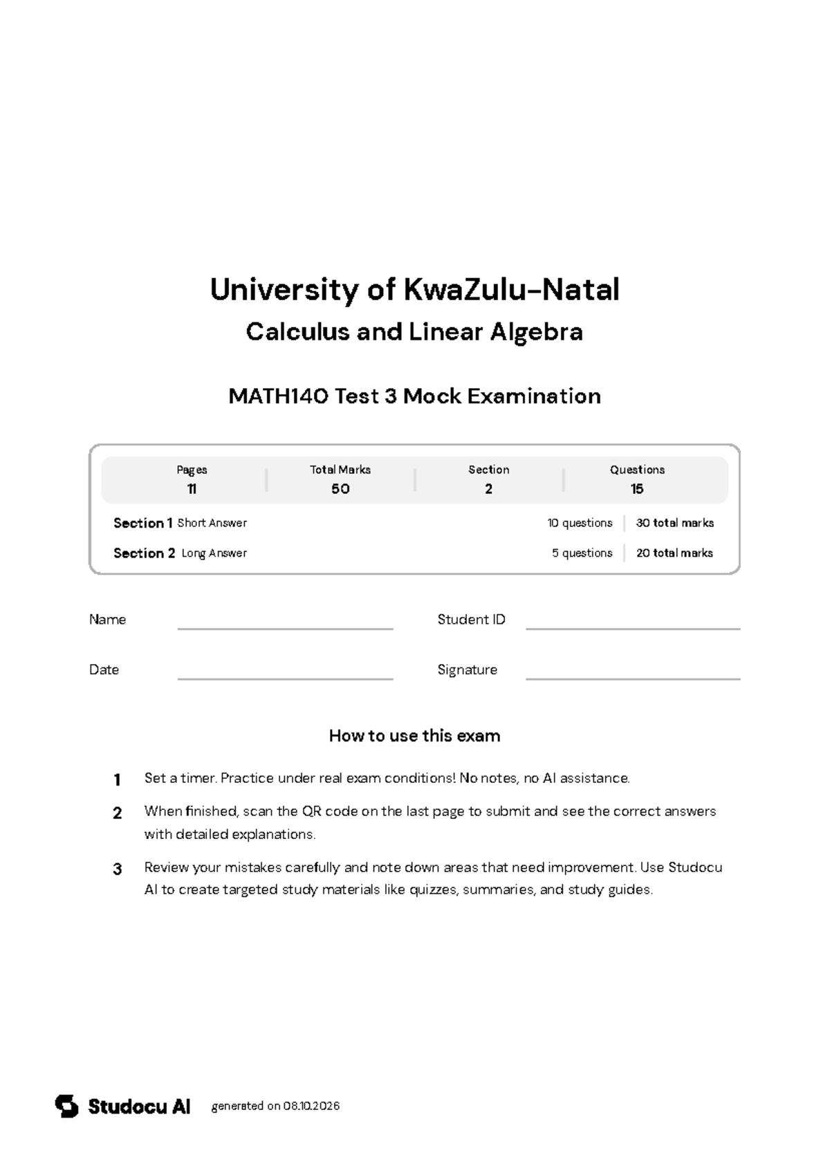 MATH140 Test 3 Mock Exam - Studocu