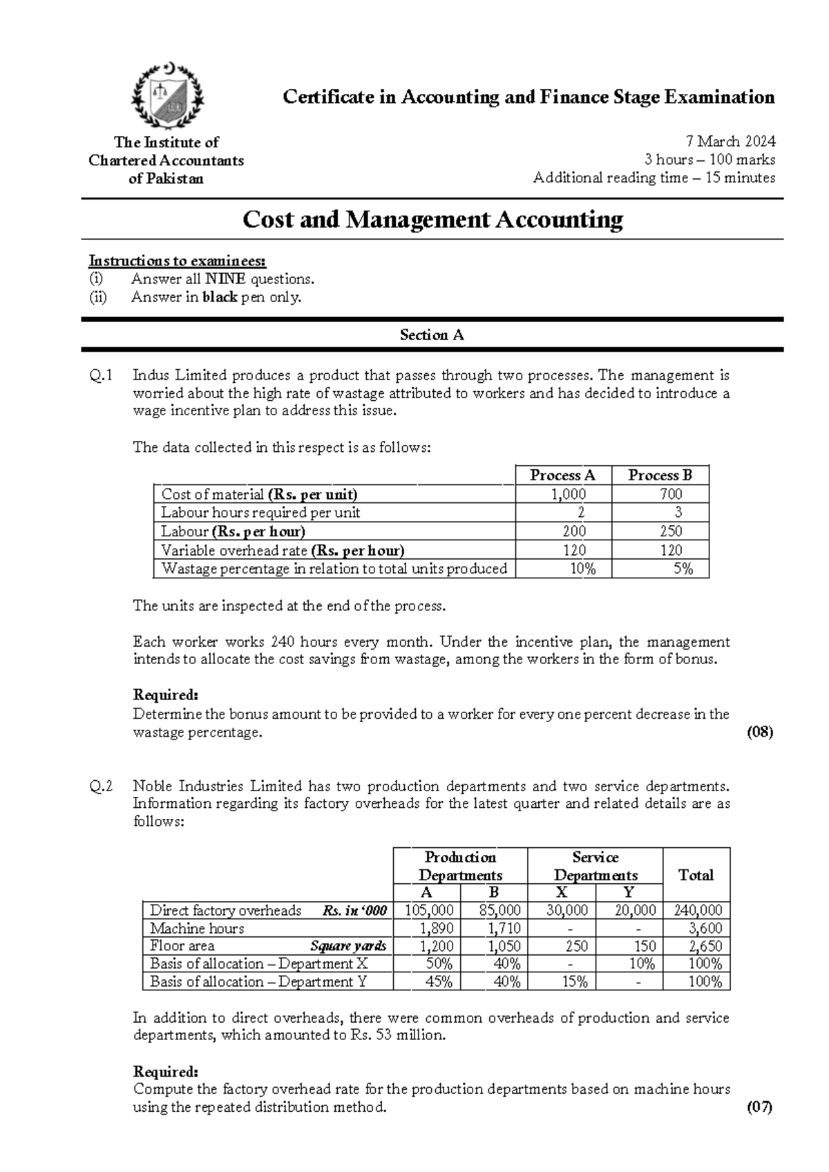 CAF 3 CMA Spring 2024: Cost & Management Accounting Exam Guide - Studocu