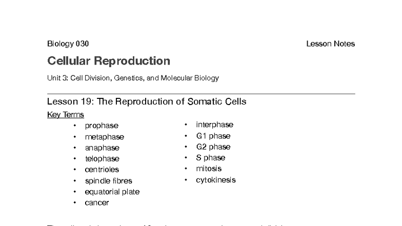 Biology 030 Lesson 19: Cellular Reproduction & Mitosis Notes - Studocu