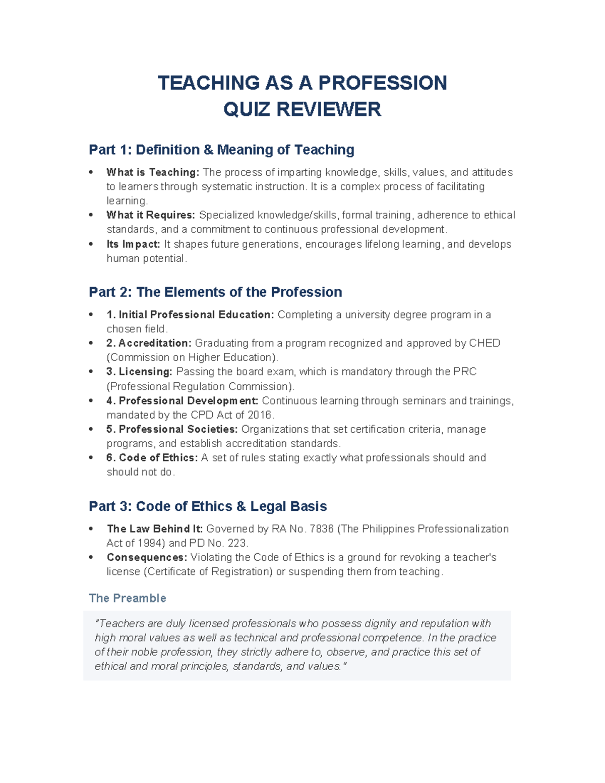 TEACHING AS A PROFESSION QUIZ REVIEWER: Key Concepts & Ethics - Studocu