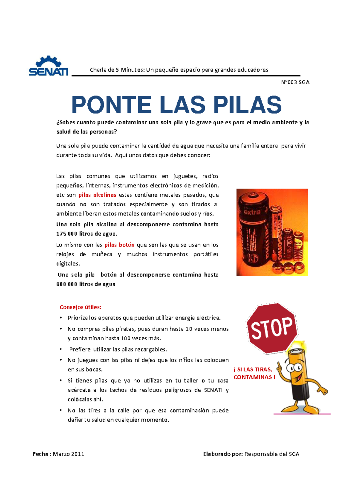 Charla 03 SGA: Impacto Ambiental de las Pilas y Consejos Útiles - Document Preview