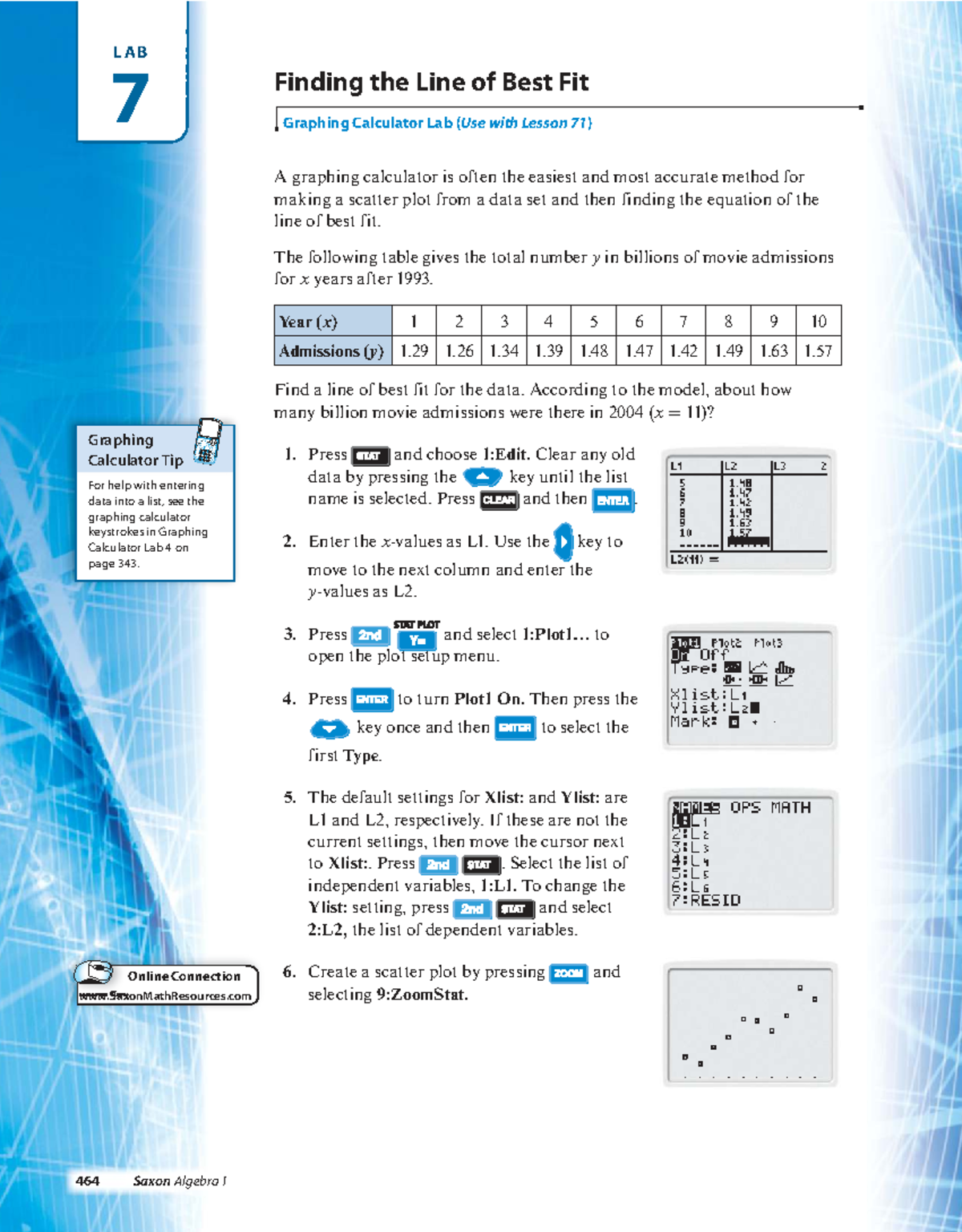 Lab 7: Finding the Line of Best Fit Using a Graphing Calculator (Alg I ...