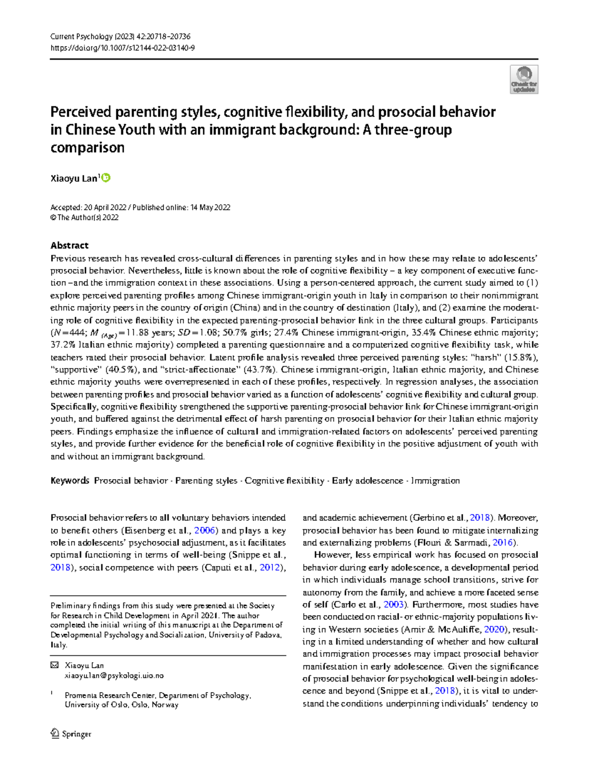 Parenting Styles & Prosocial Behavior in Chinese Immigrant Youth - Studocu