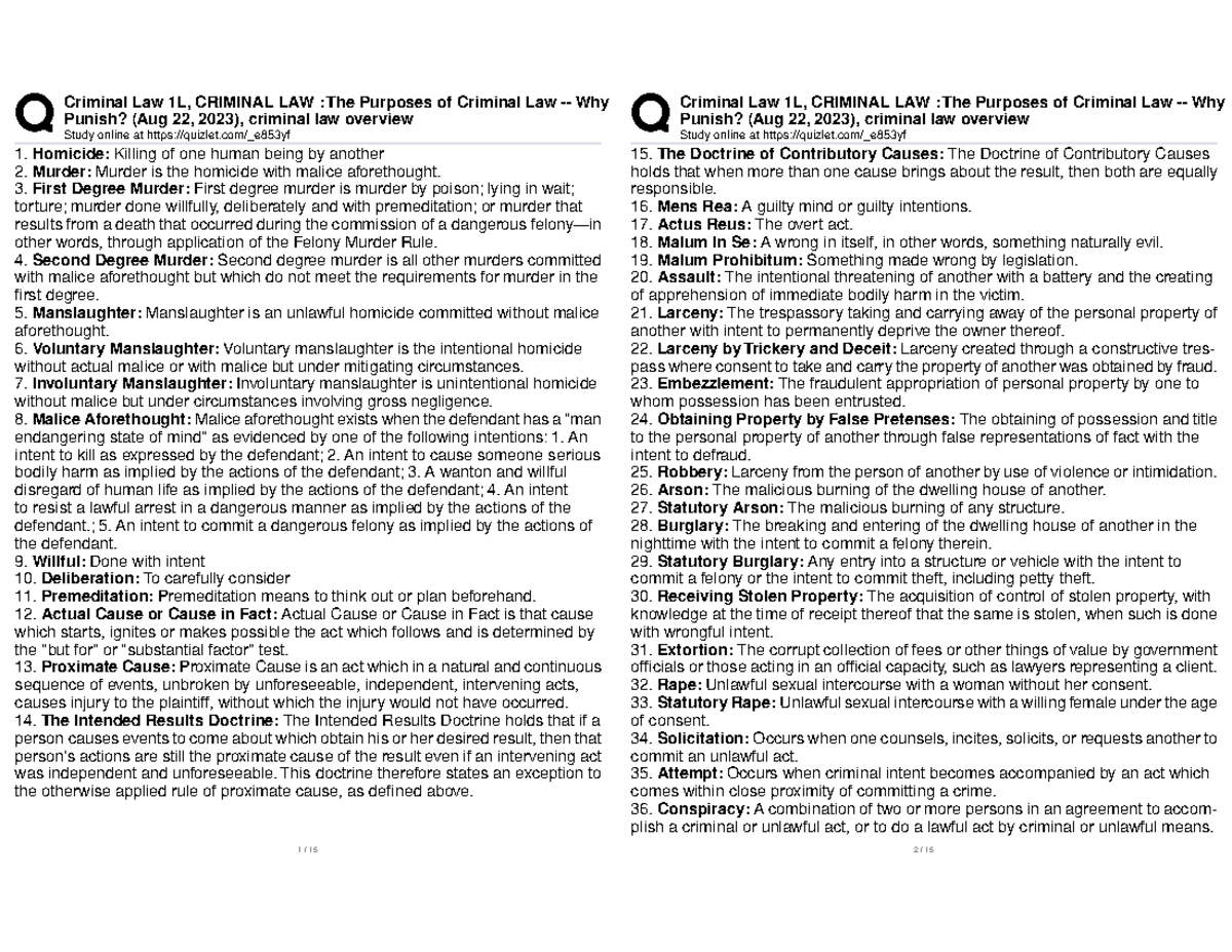 Criminal Law 1L: Overview of Punishment Theories and Homicide ...
