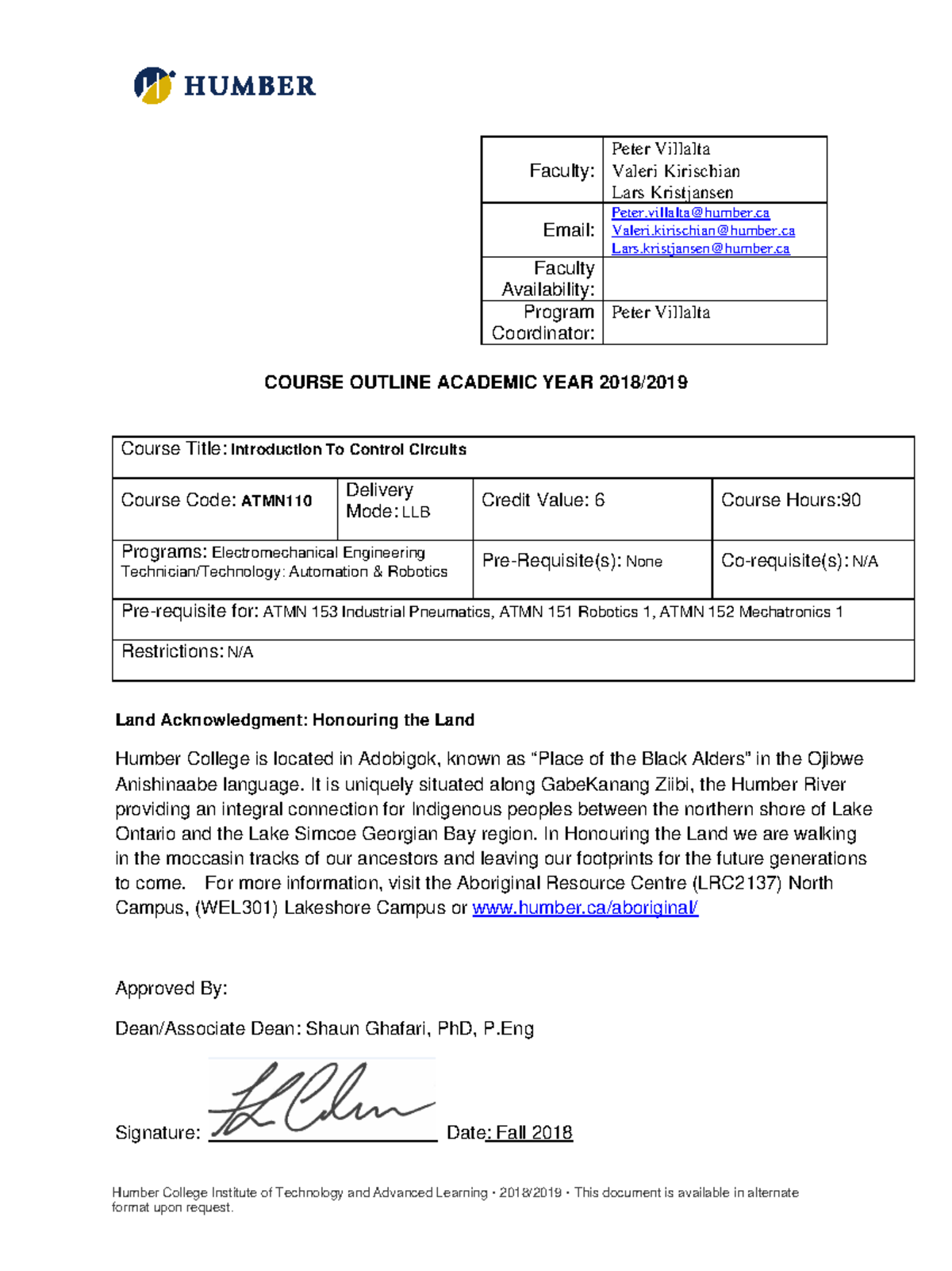 ATMN 110 outline - Humber College Institute of Technology and Advanced ...