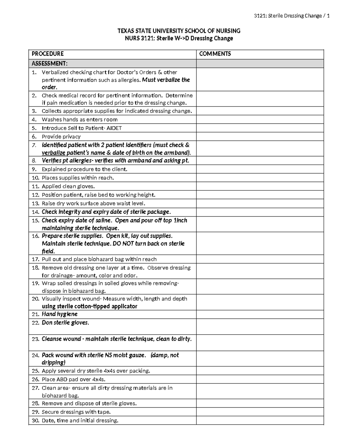NURS 3121: Sterile W-D Dressing Change Procedure Checklist - Studocu
