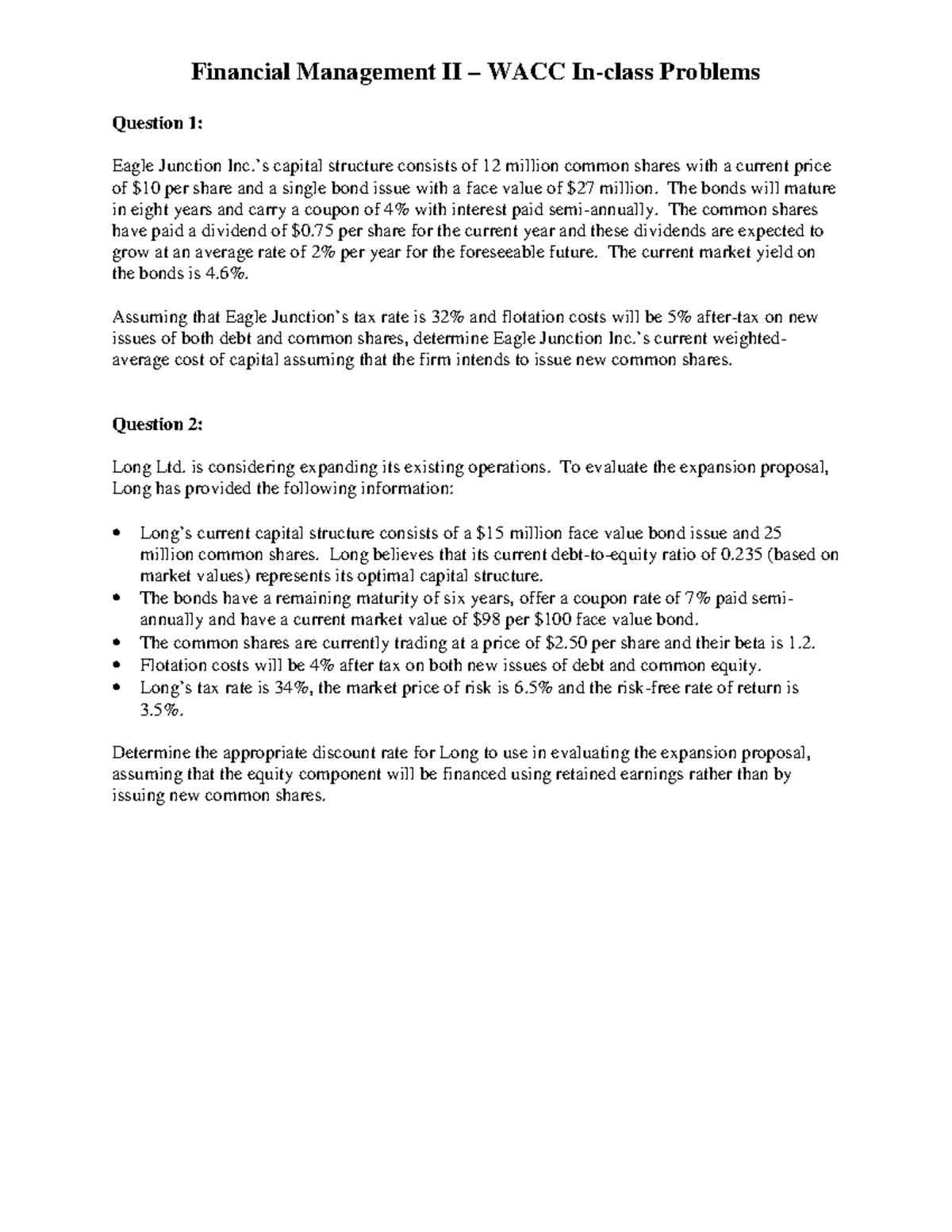 Financial Management II: WACC Problems & Solutions - 123 - Studocu