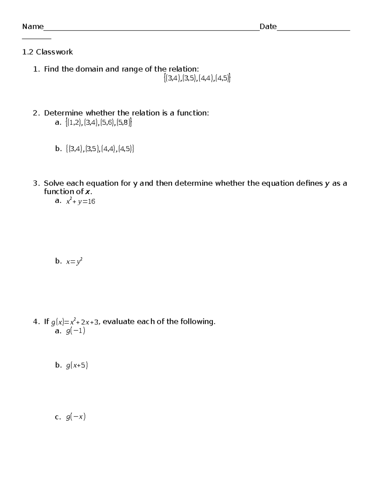 1.2 Classwork - Chapter 1: Functions, Domain, and Range Analysis - Studocu
