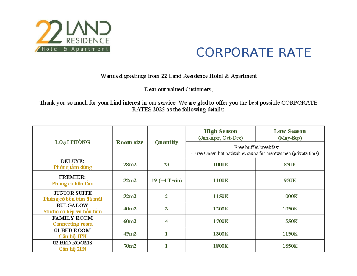 CORPORATE RATE 2025: Pricing & Benefits at 22 Land Residence Hotel ...