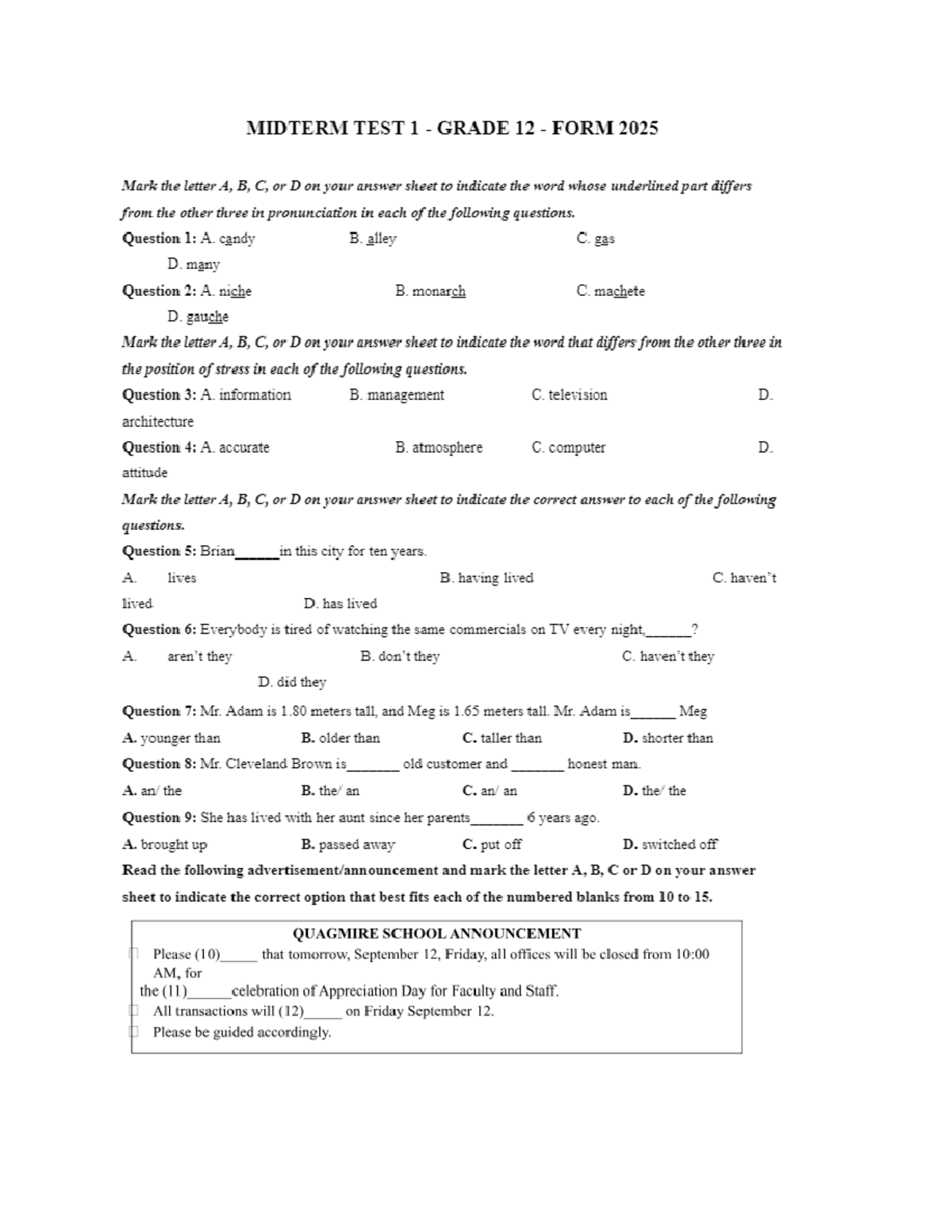 Grade 12 Midterm Test 1 2025 - Pronunciation & Grammar Questions - Studocu
