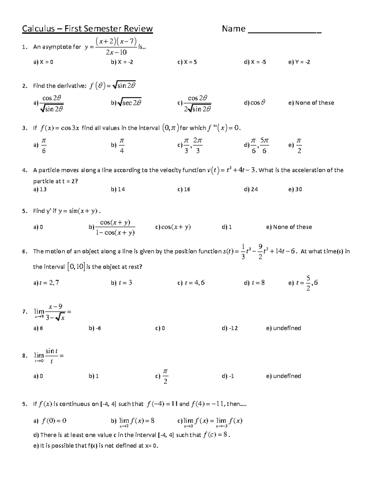 Calculus 101: First Semester Review and Practice Problems - Studocu