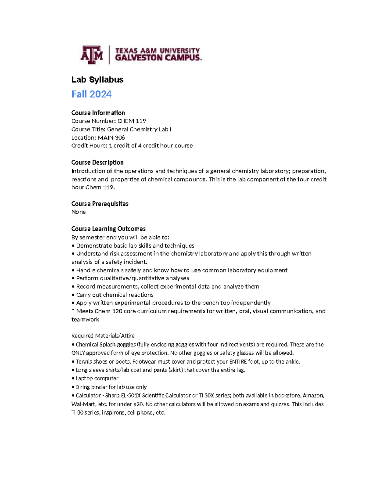 CHEM 119 Lab Syllabus and Guidelines for Fall 2024 - Studocu