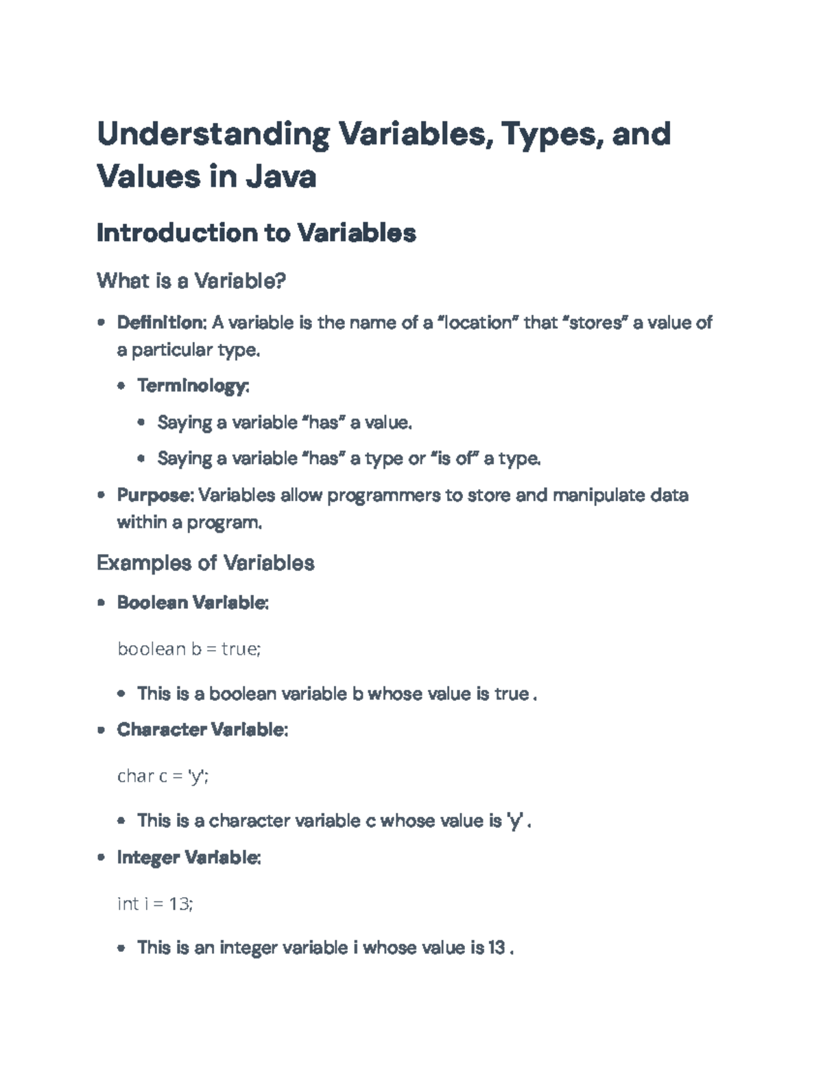 Understanding Variables, Types, and Values in Java: An Introductory ...