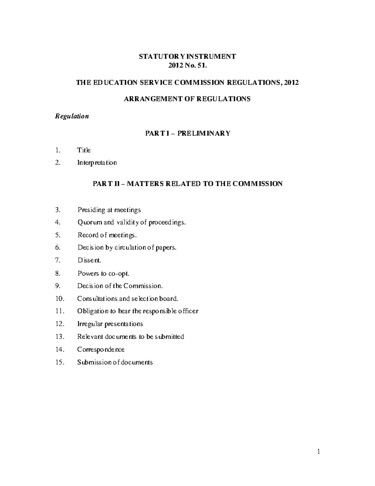 Education Service Commission Regulations 2012: Statutory Instrument No ...
