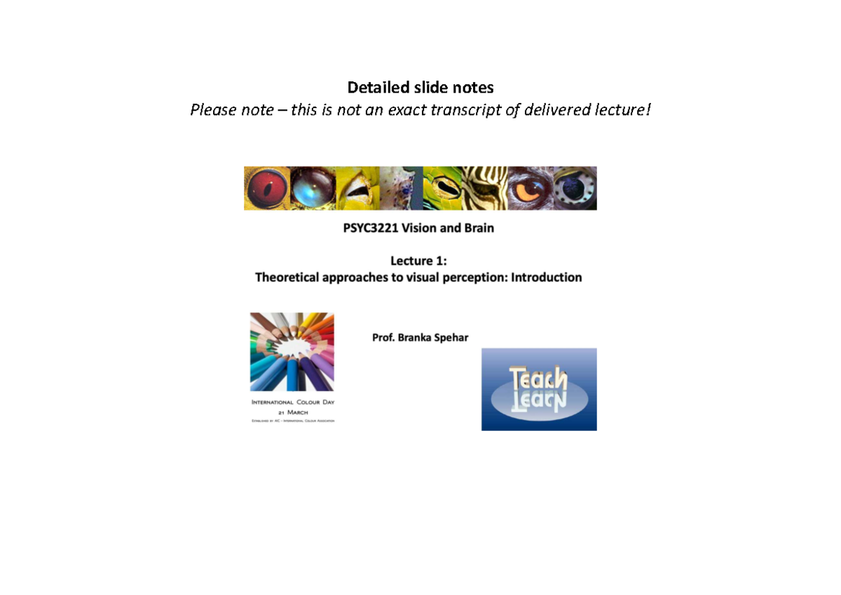 Week 1 Lecture 1: Theoretical Approaches to Visual Processing - Studocu
