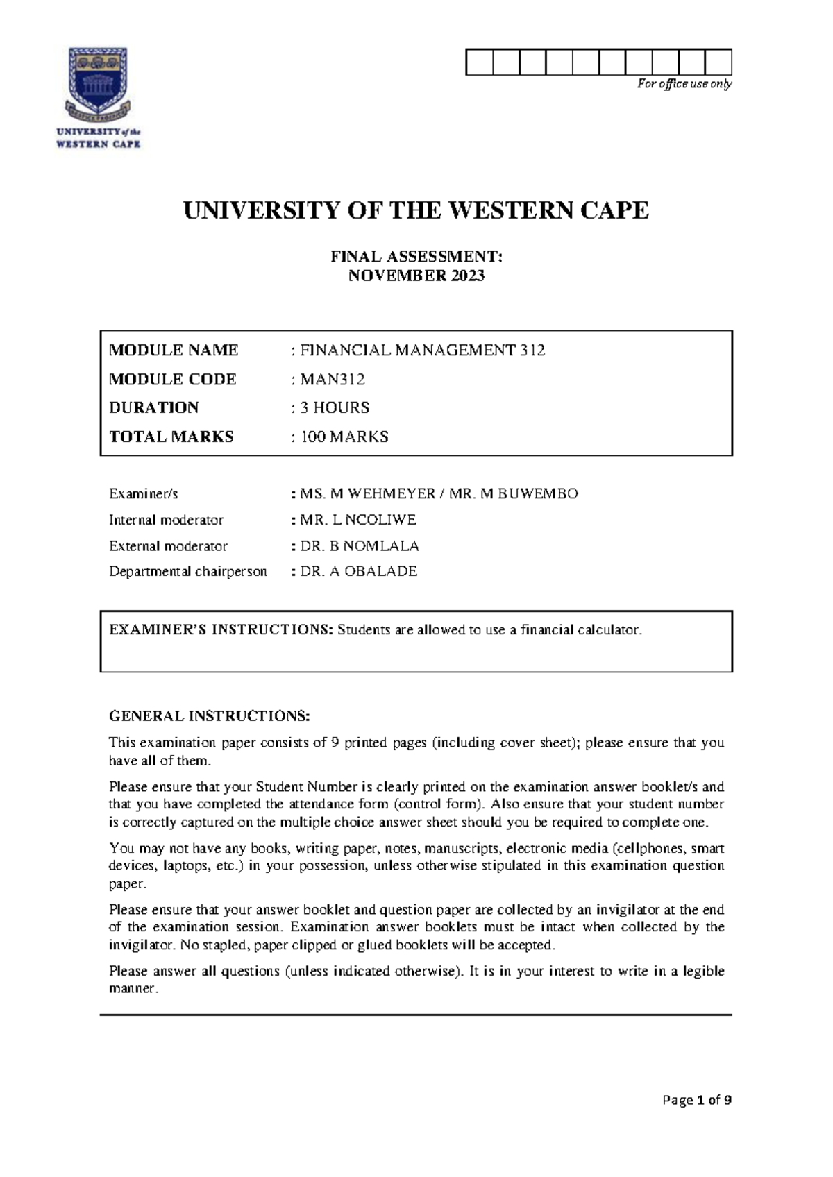 MAN312 2023 Final Exam: Financial Management Practice Questions - Studocu