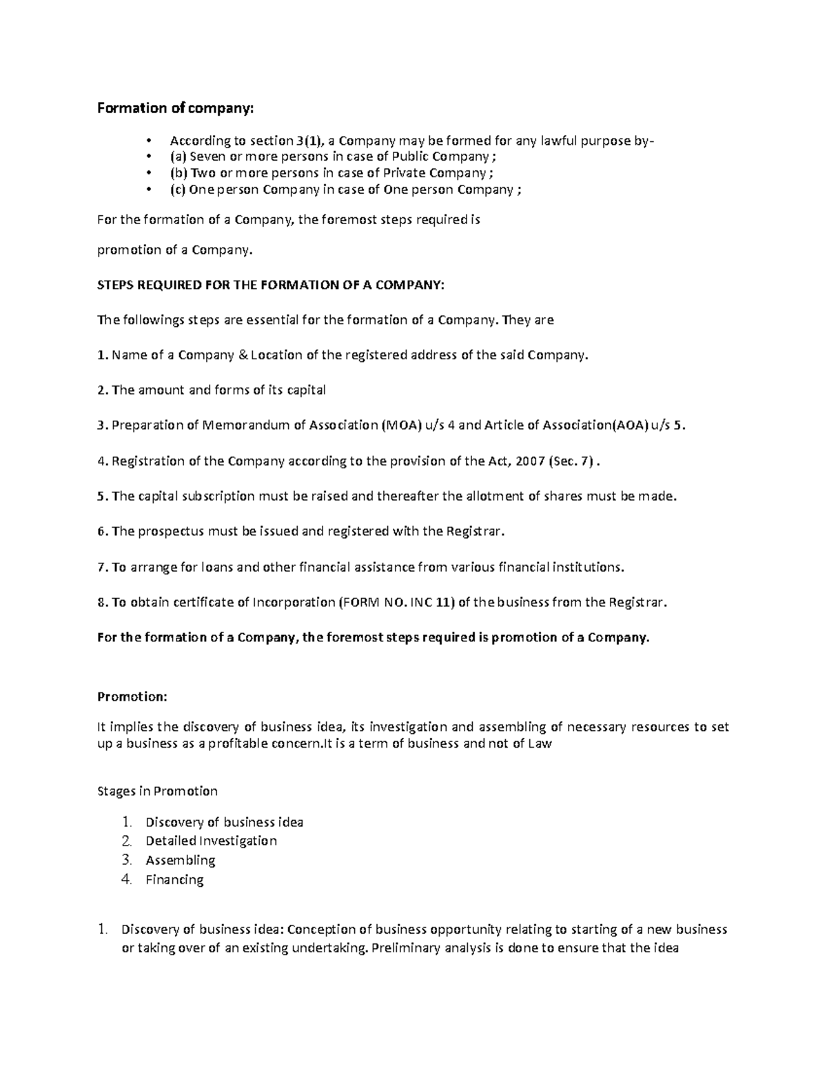 Company Law: Formation of a Company (Unit-1 Part II) - Studocu