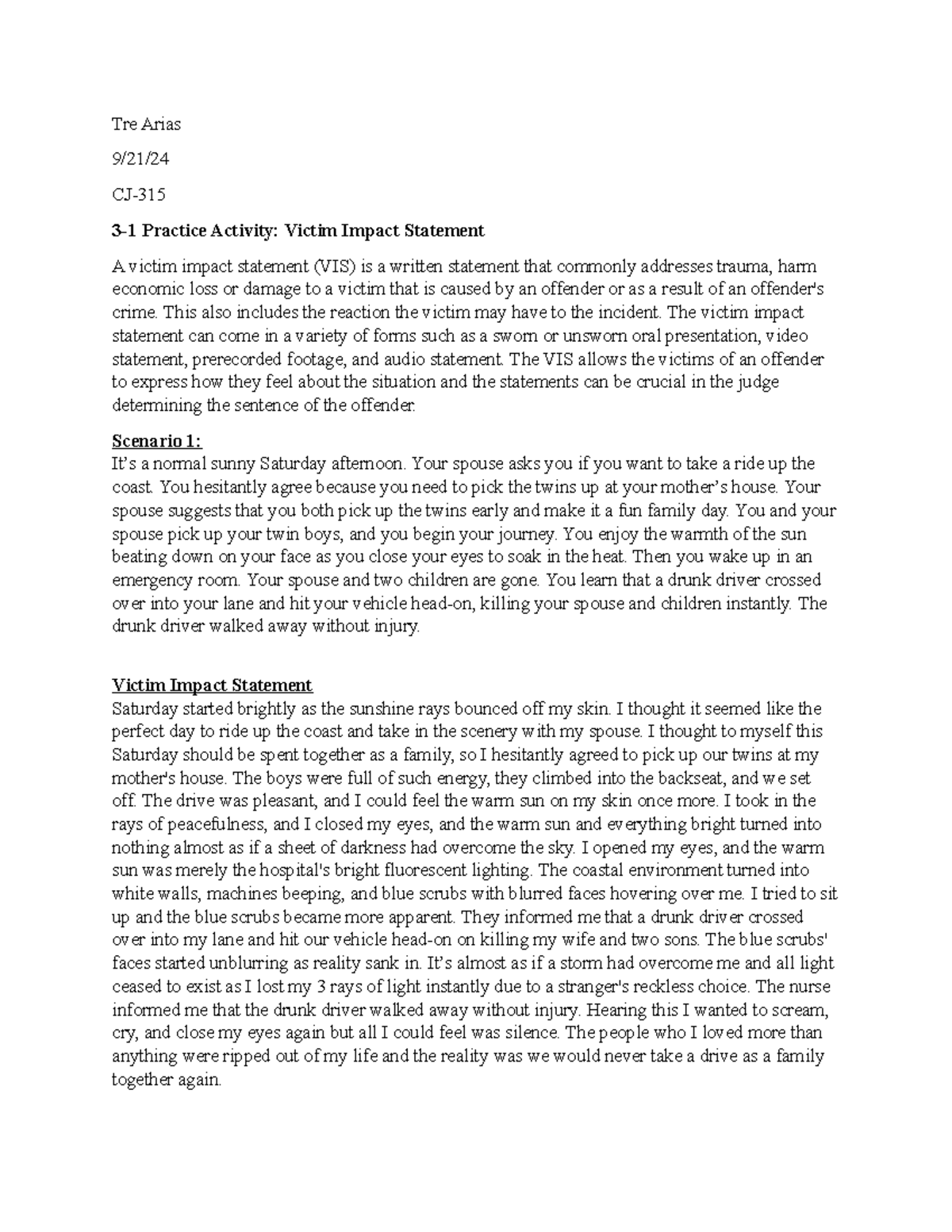 CJ-3-1 Victim Impact Statement: A Personal Narrative of Loss - Studocu