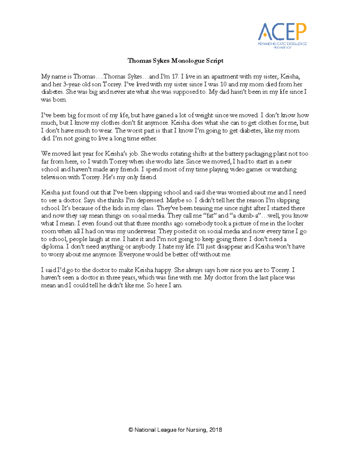 Thomas Sykes Monologue Script: Struggles of a 17-Year-Old - Studocu