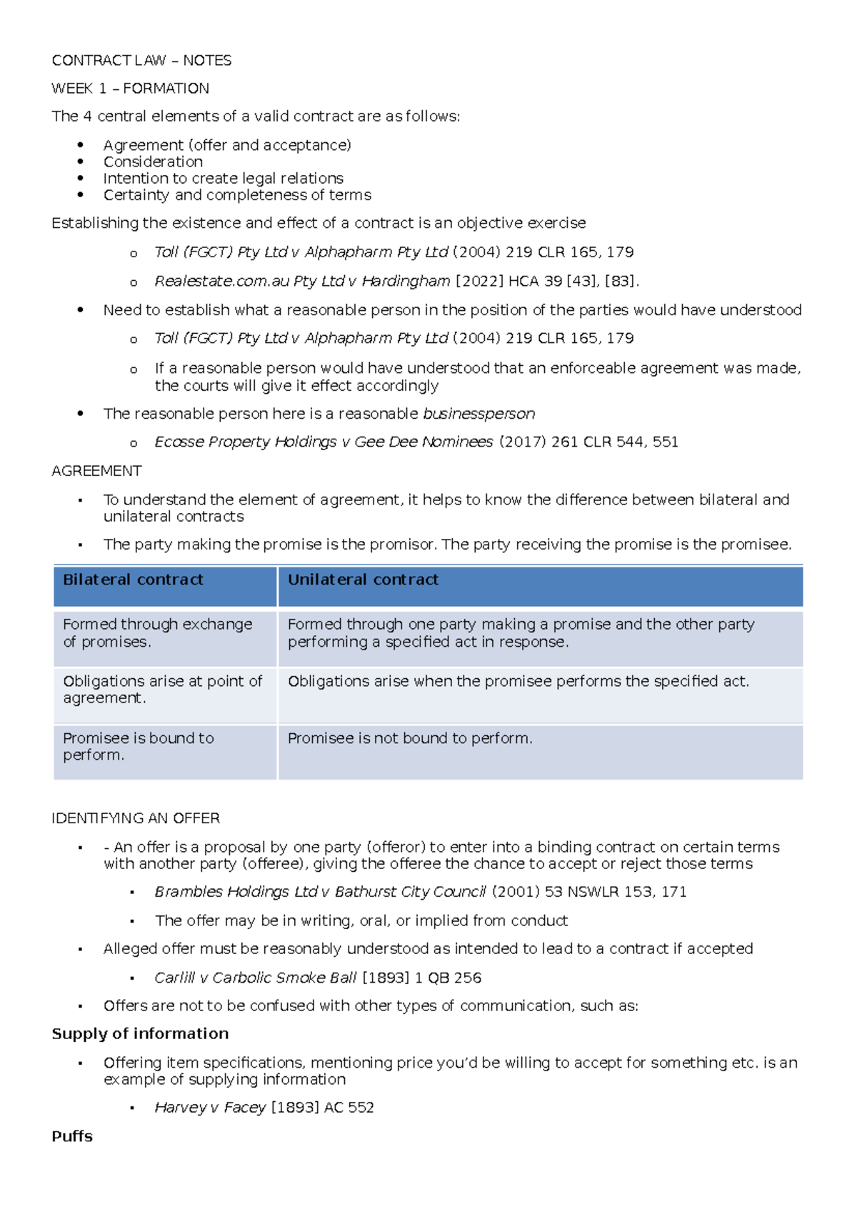 Contract Law - Final Exam Study Notes (LAW 101) - Studocu