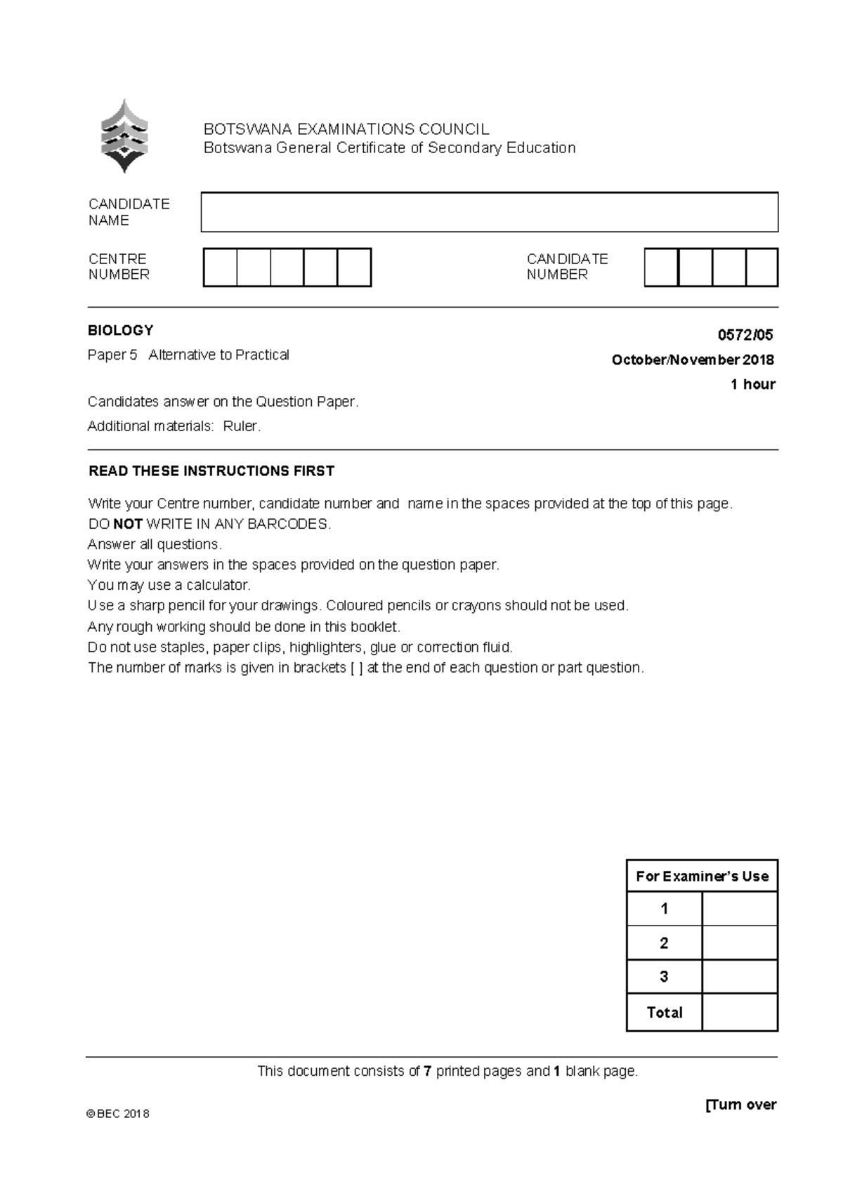 BEC 2018 Biology Paper 5 Alternative to Practical Exam - Studocu