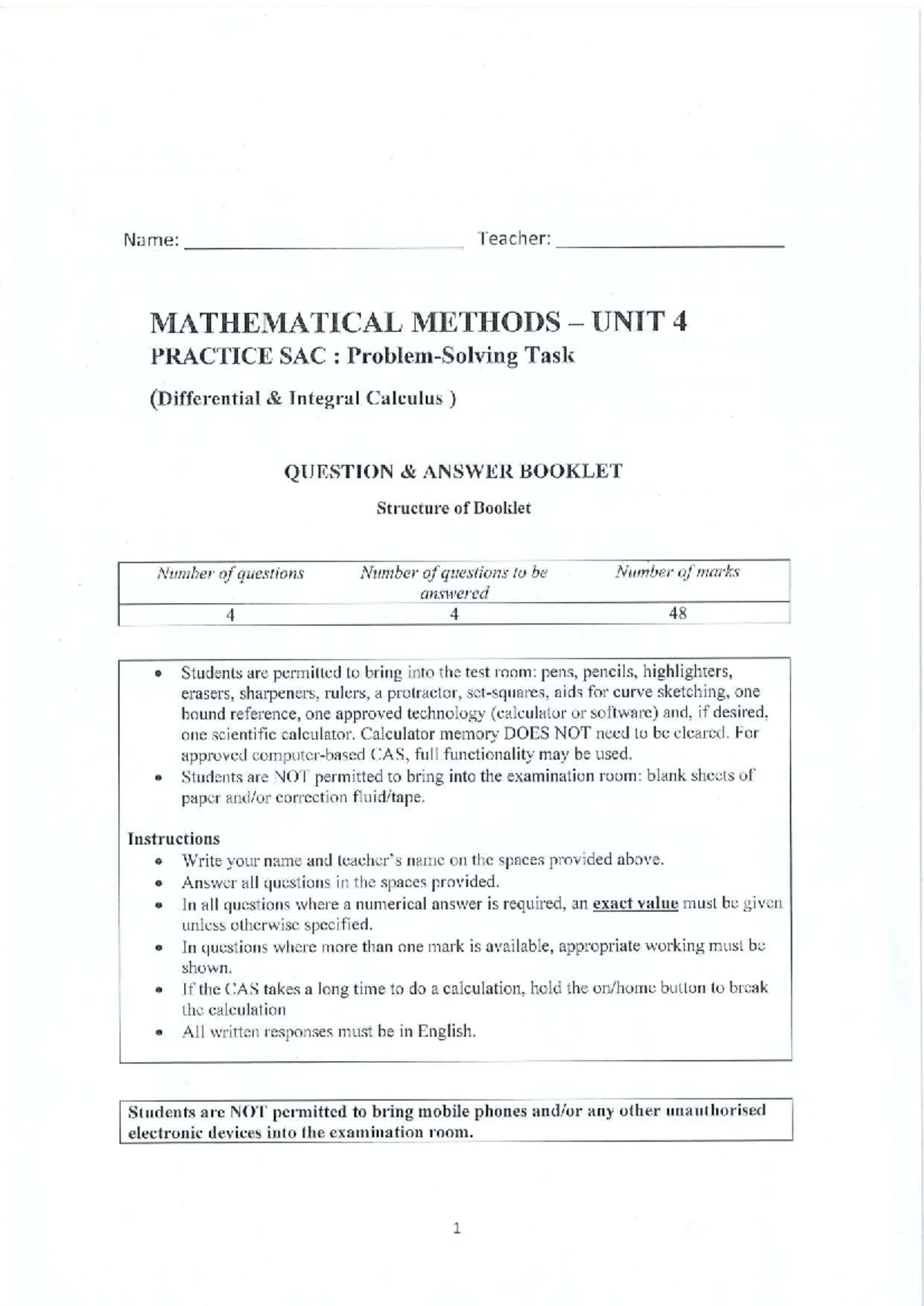 MATHEMATICAL METHODS UNIT 4 PRACTICE SAC: Differential & Integral ...
