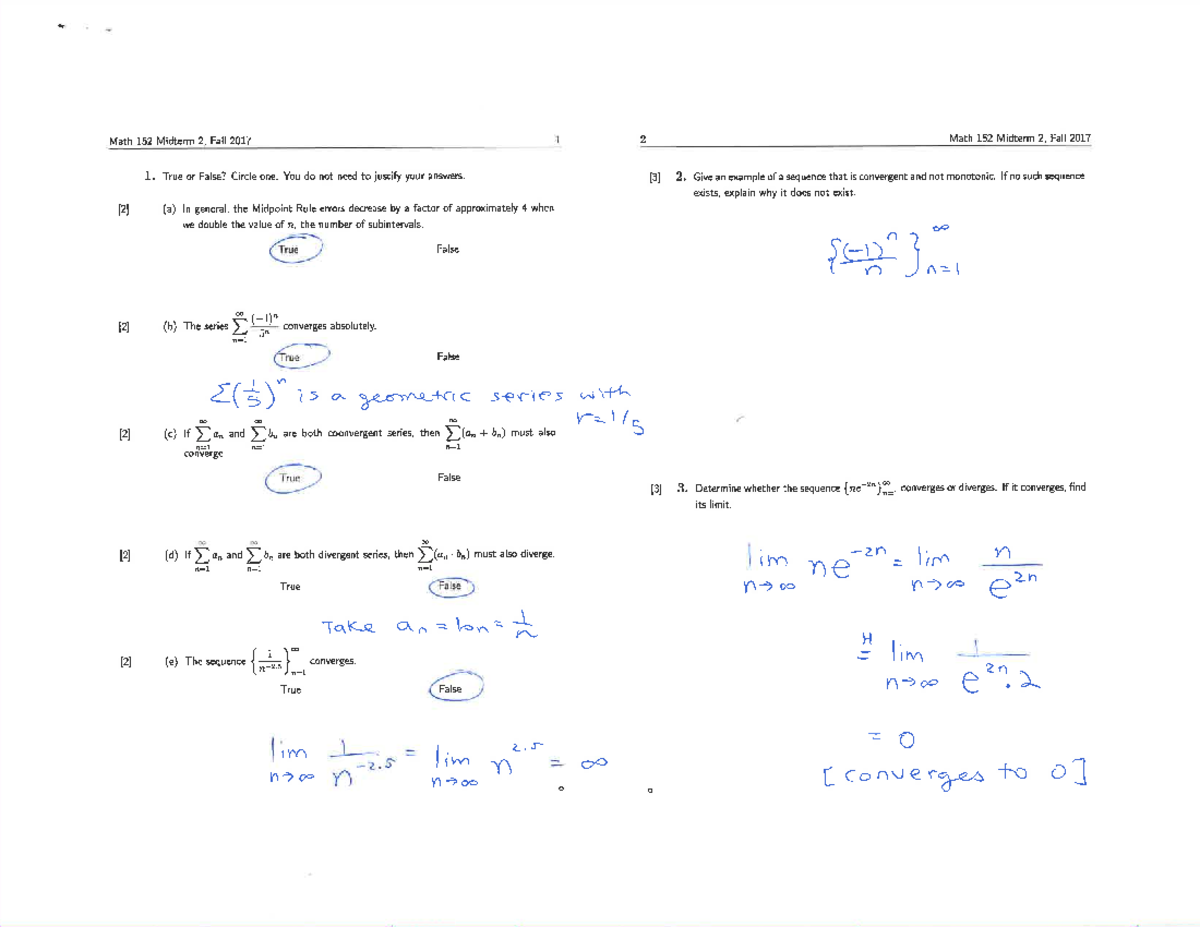 Math 152 Midterm 2 solutions, Fall 2017 - Studocu
