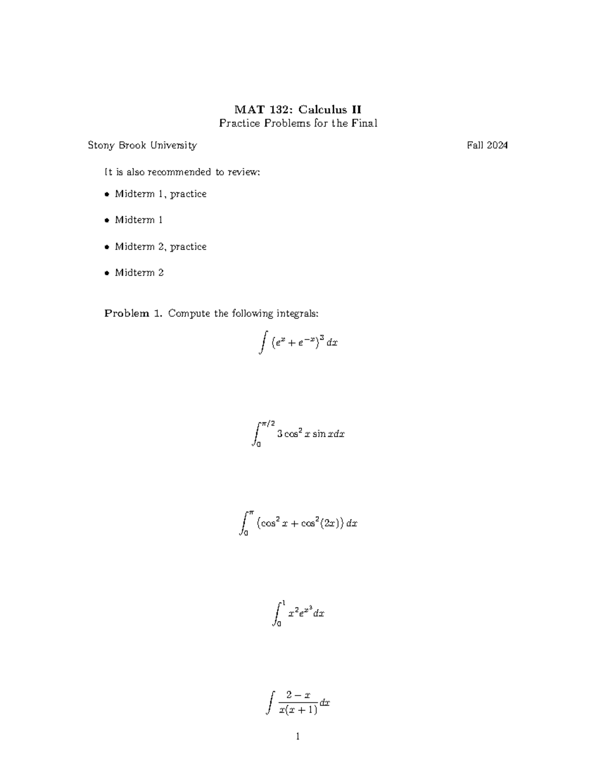 MAT 132 Final Exam Practice Problems - Fall 2024 - Studocu