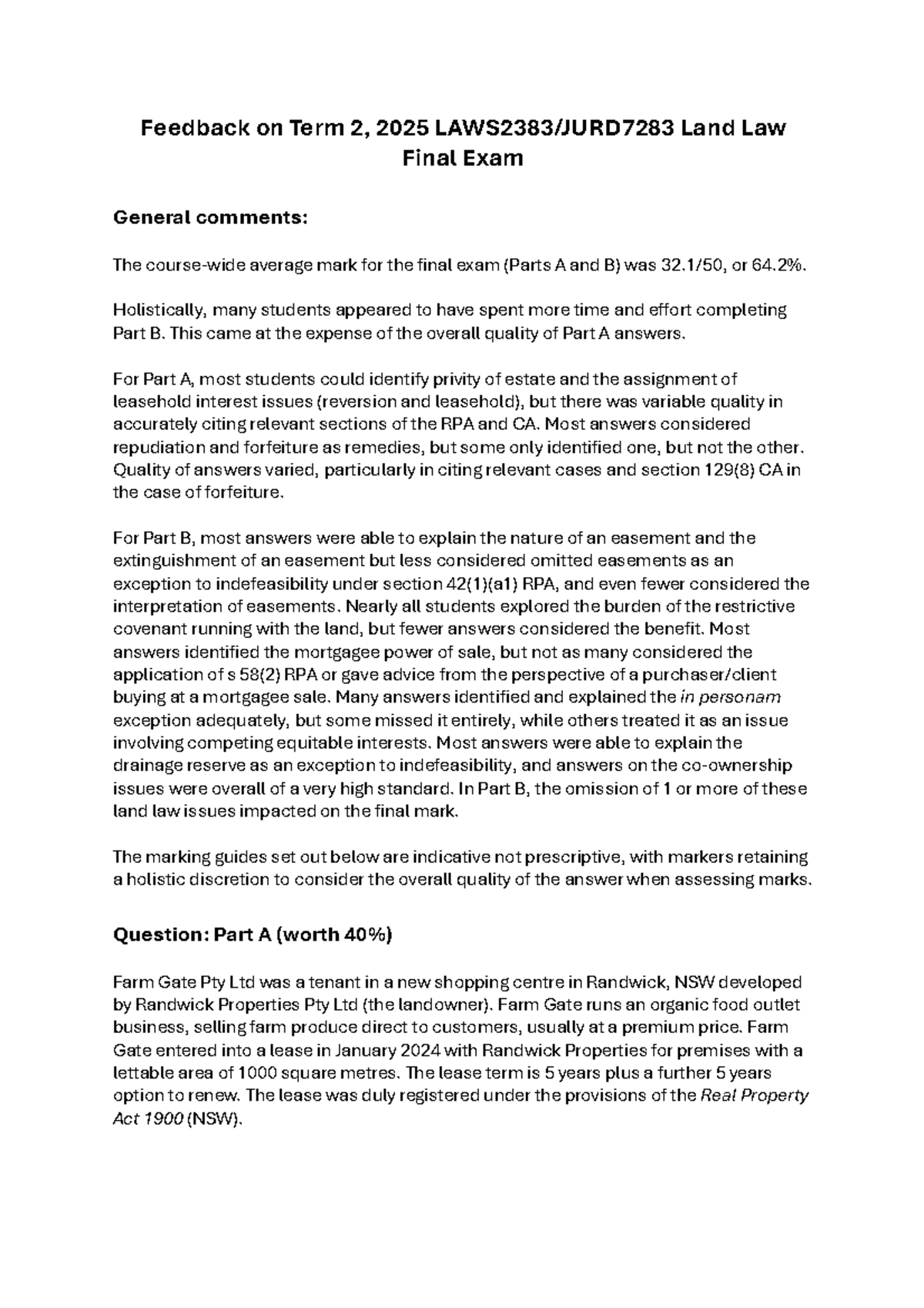 T2 2025 Land Law Final Exam Feedback and Analysis - Studocu