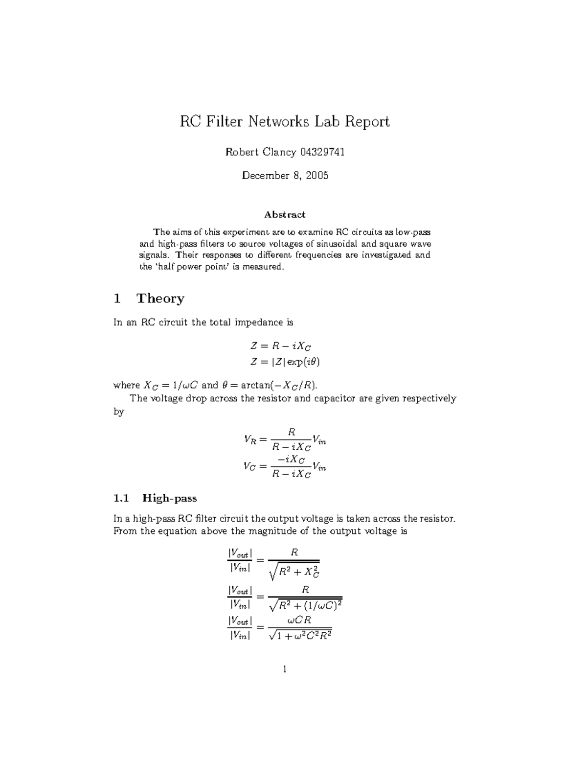 RC Filters Lab Report: Exploring High-Pass and Low-Pass Responses - Studocu