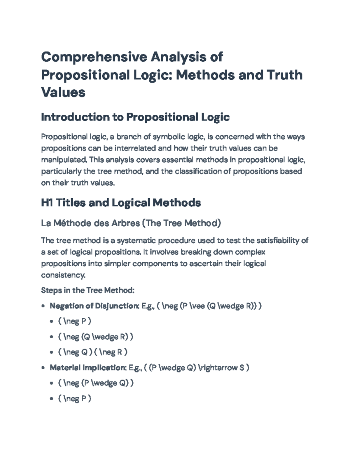 Propositional Logic Analysis: Tree Method & Truth Values Exam Notes ...