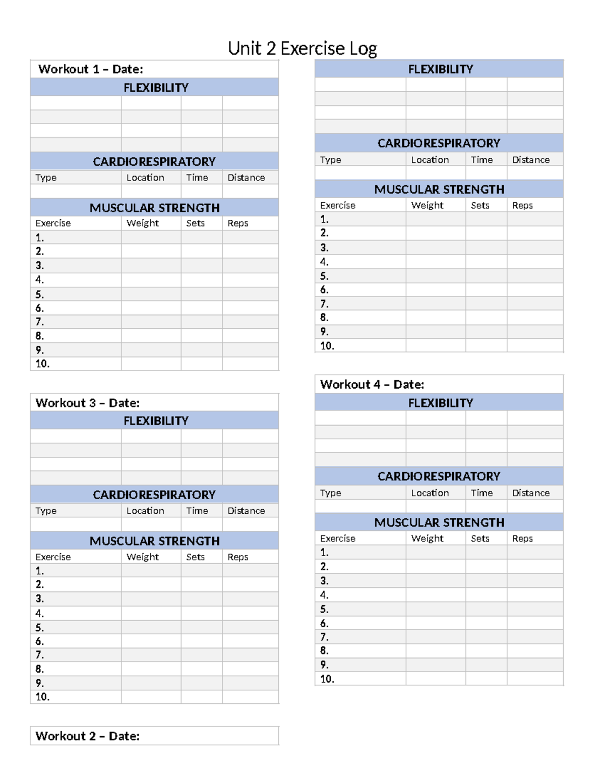 Unit 2 Exercise Log: Tracking Flexibility, Cardio, and Strength ...