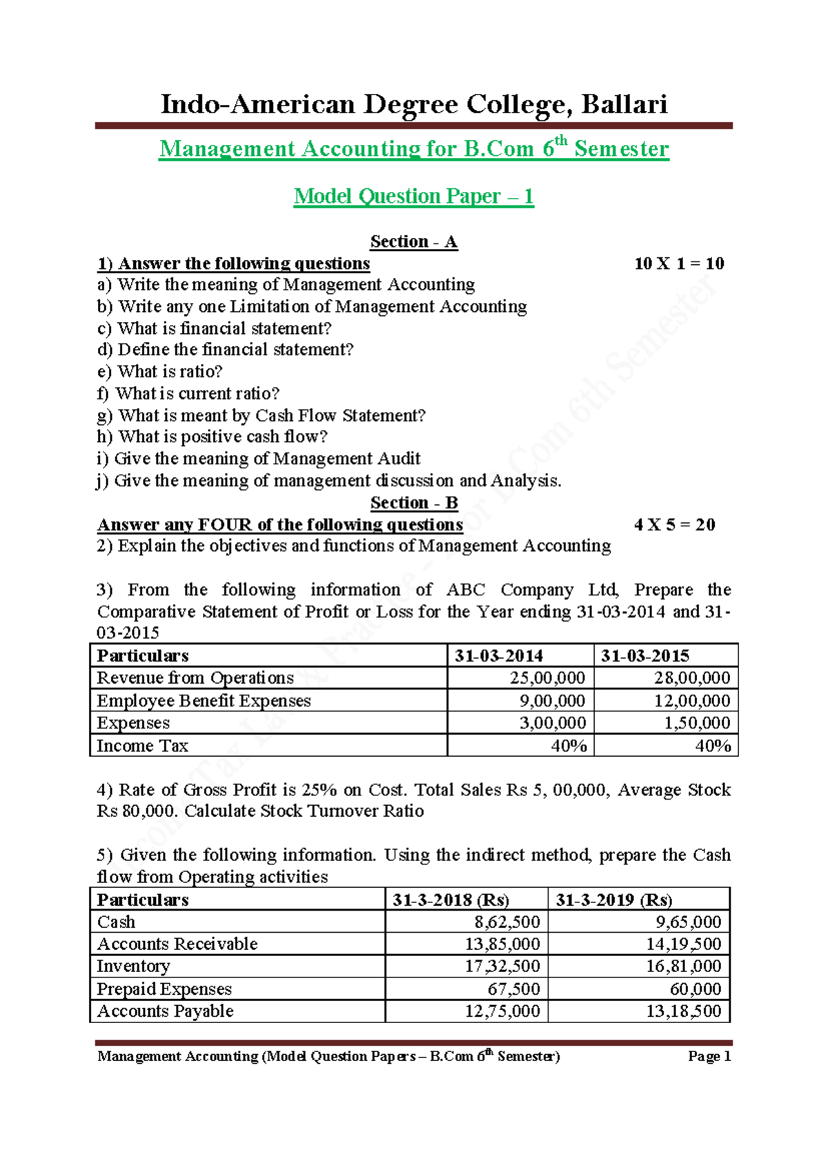 Management Accounting Model Question Papers for B.Com 6th Sem - Studocu
