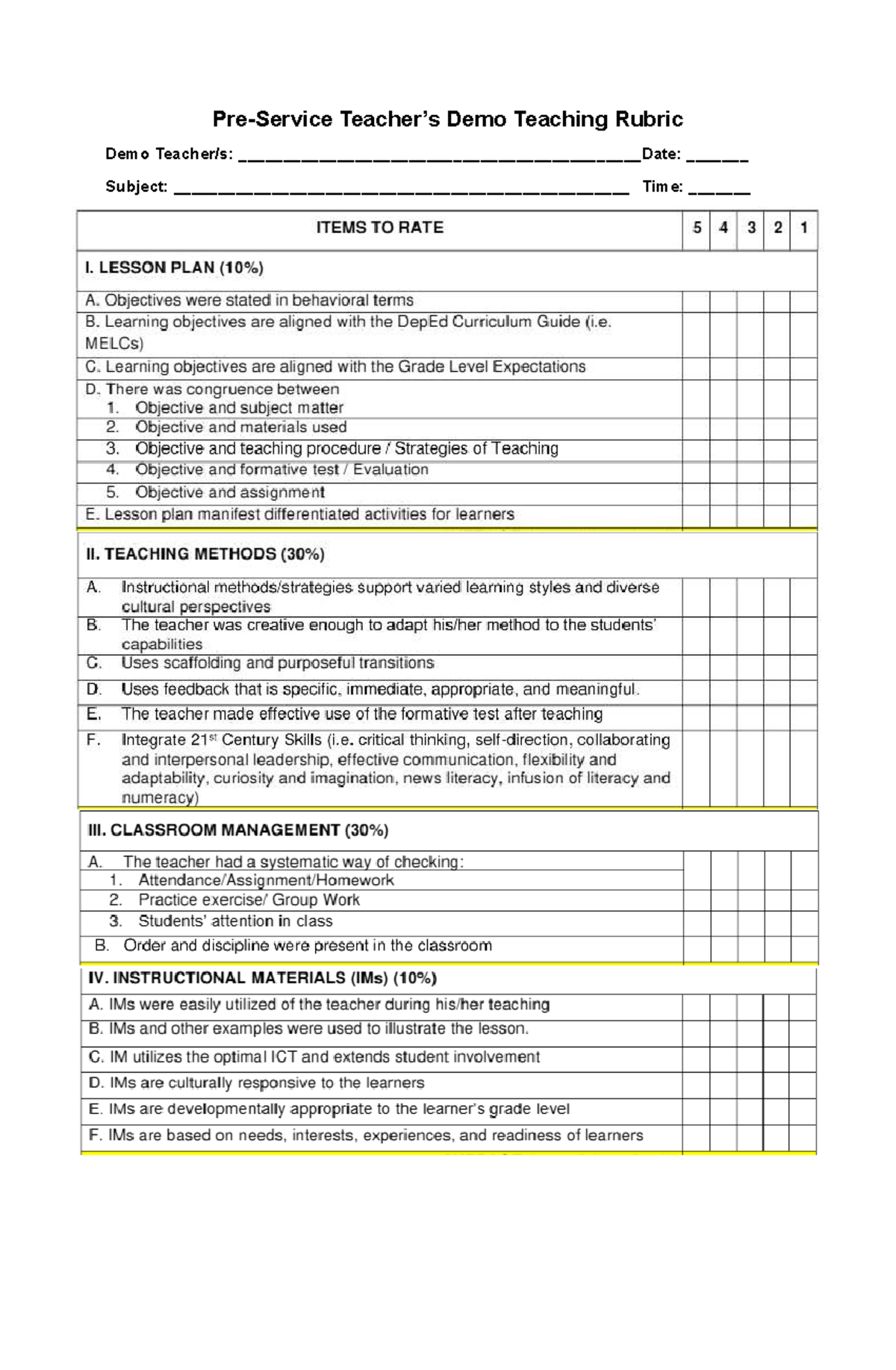 Demo Teaching Rubric: Evaluation Criteria and Guidelines - Studocu