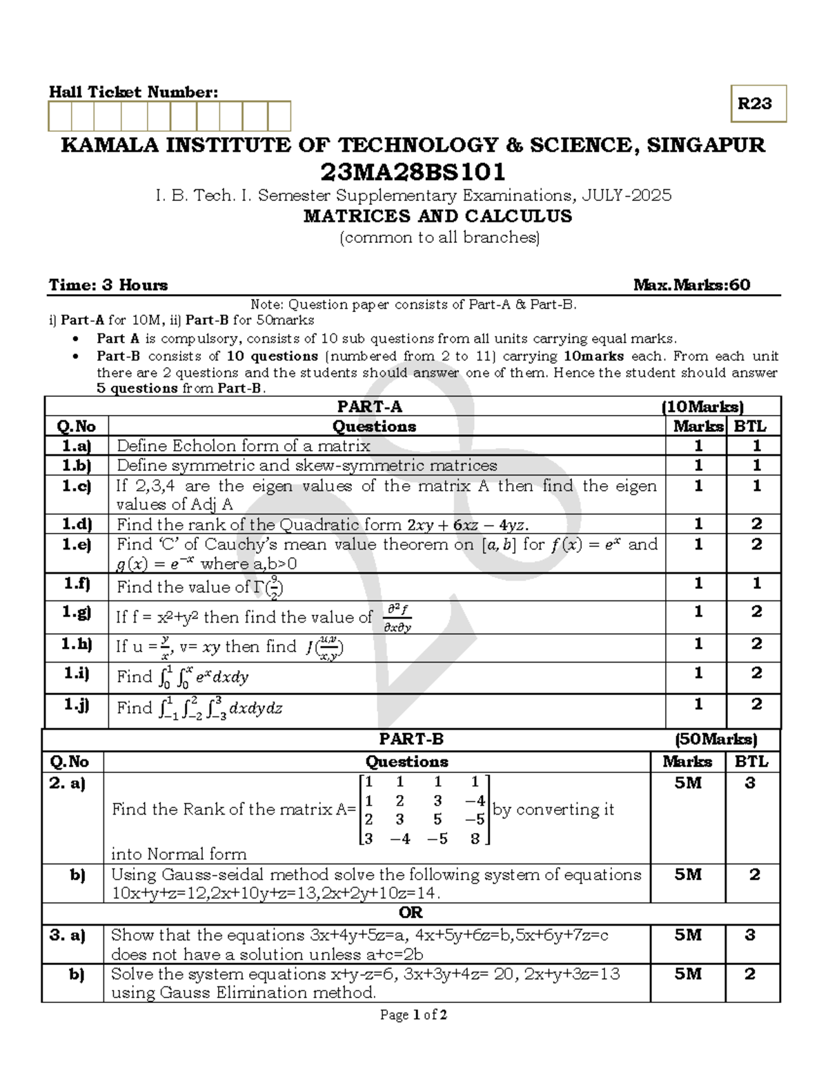 Matrices and Calculus Exam Notes - R23 B.Tech I Sem - Studocu