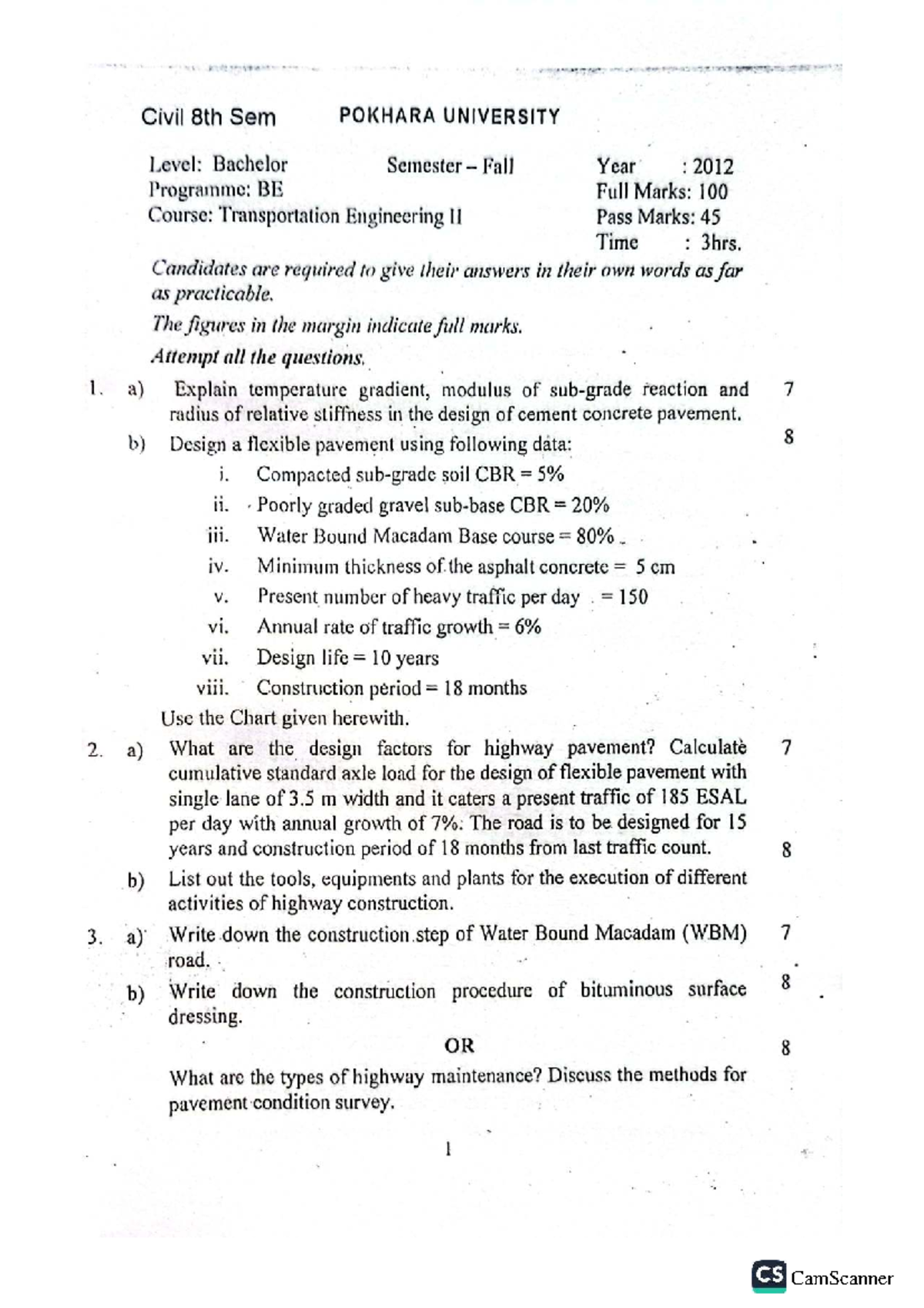 Transportation Engineering II (BE) 8th Sem Exam Questions and Solutions ...