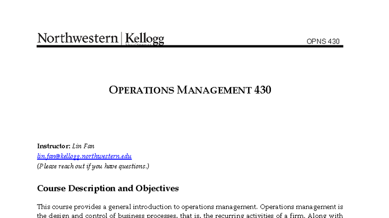 OPNS 430 Operations Management Course Overview and Requirements - Studocu